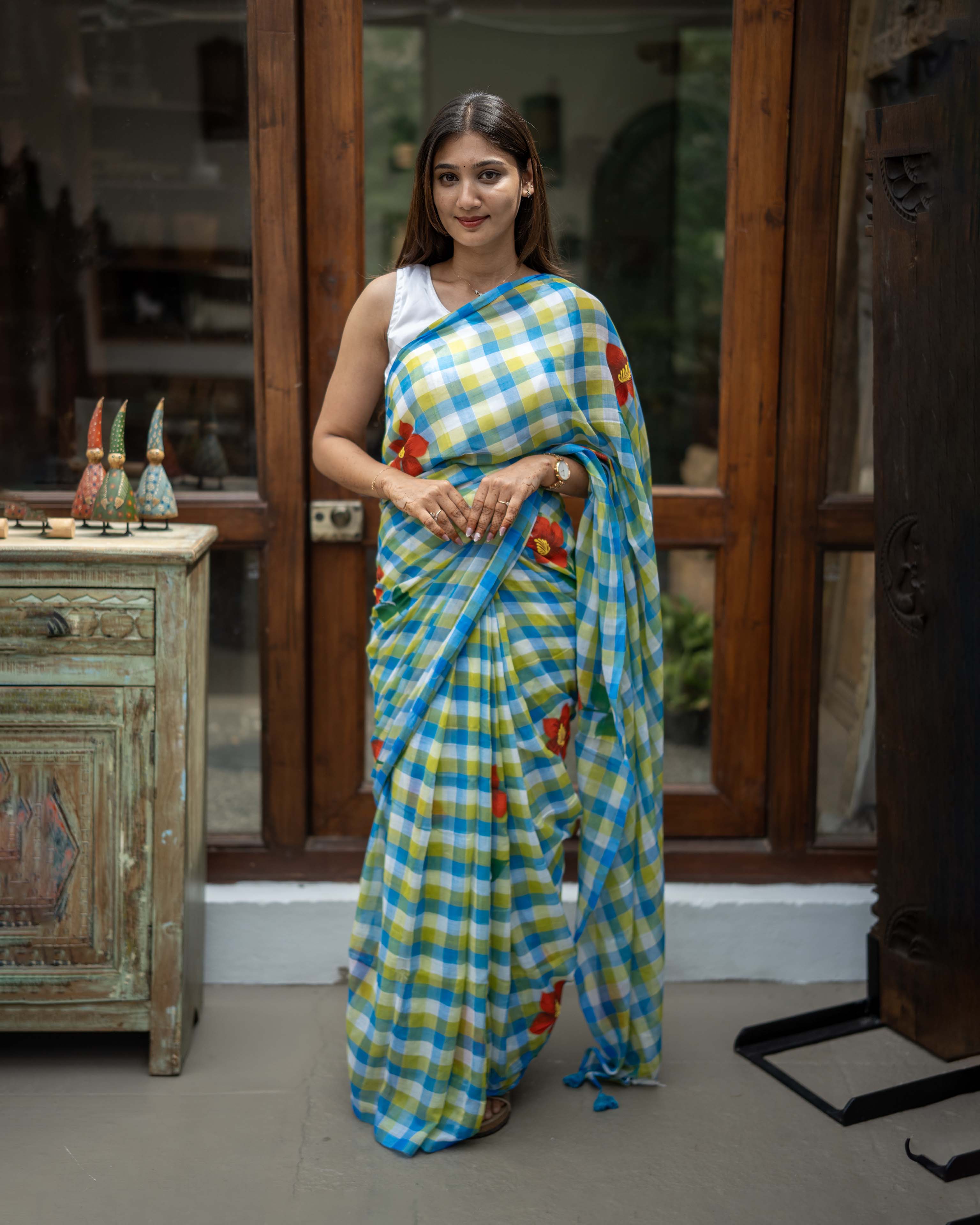 Blue Checked Mul Cotton Saree