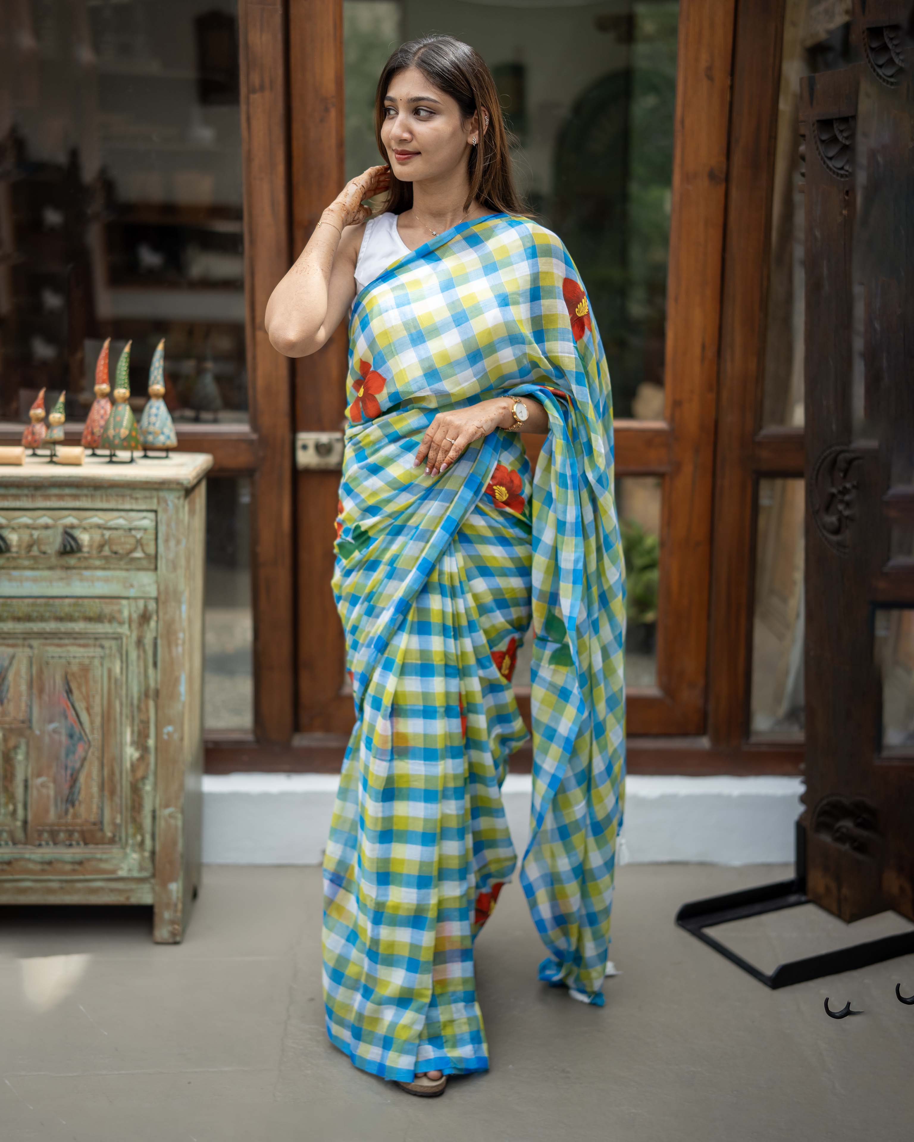 Blue Checked Mul Cotton Saree