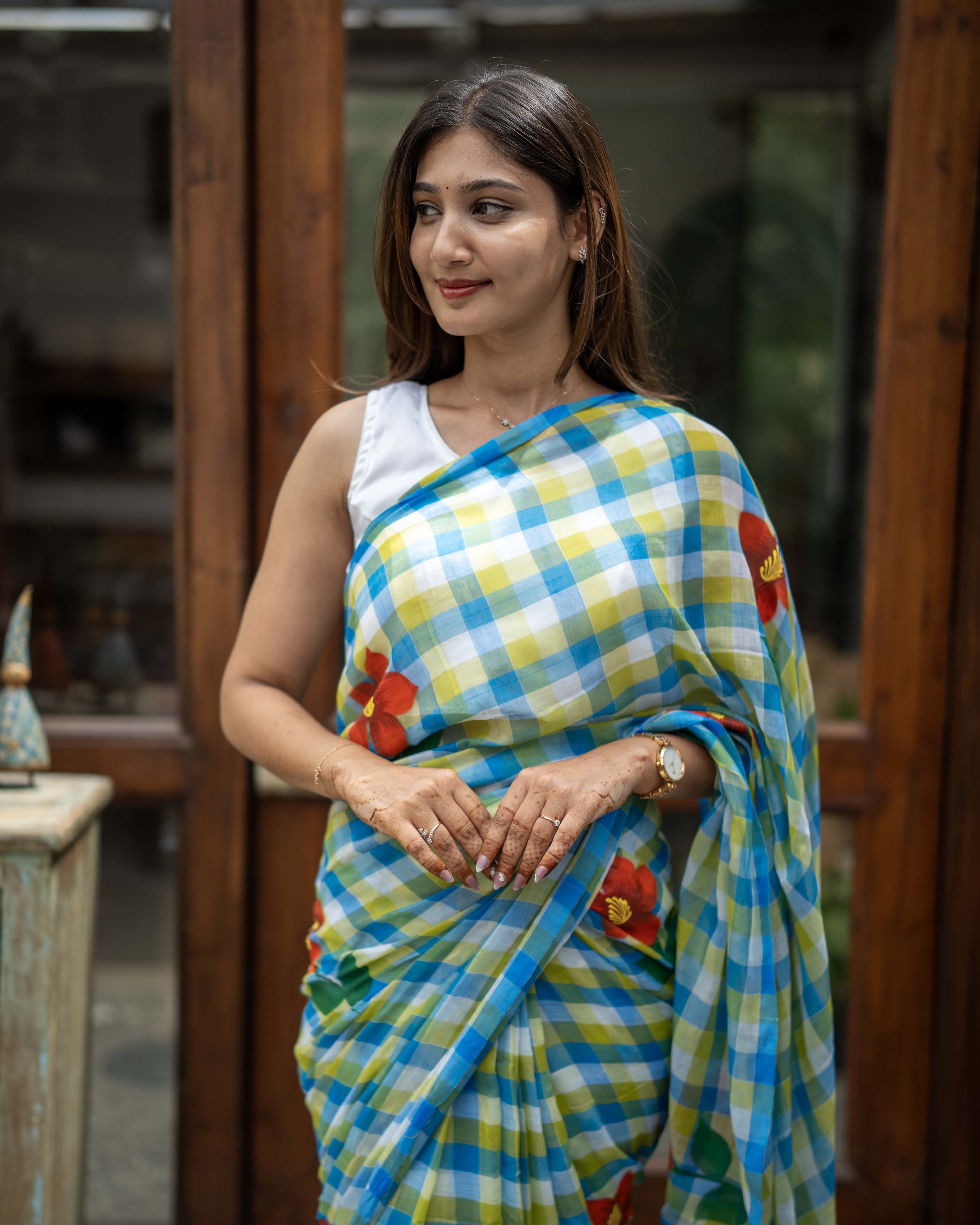 Blue Checked Mul Cotton Saree