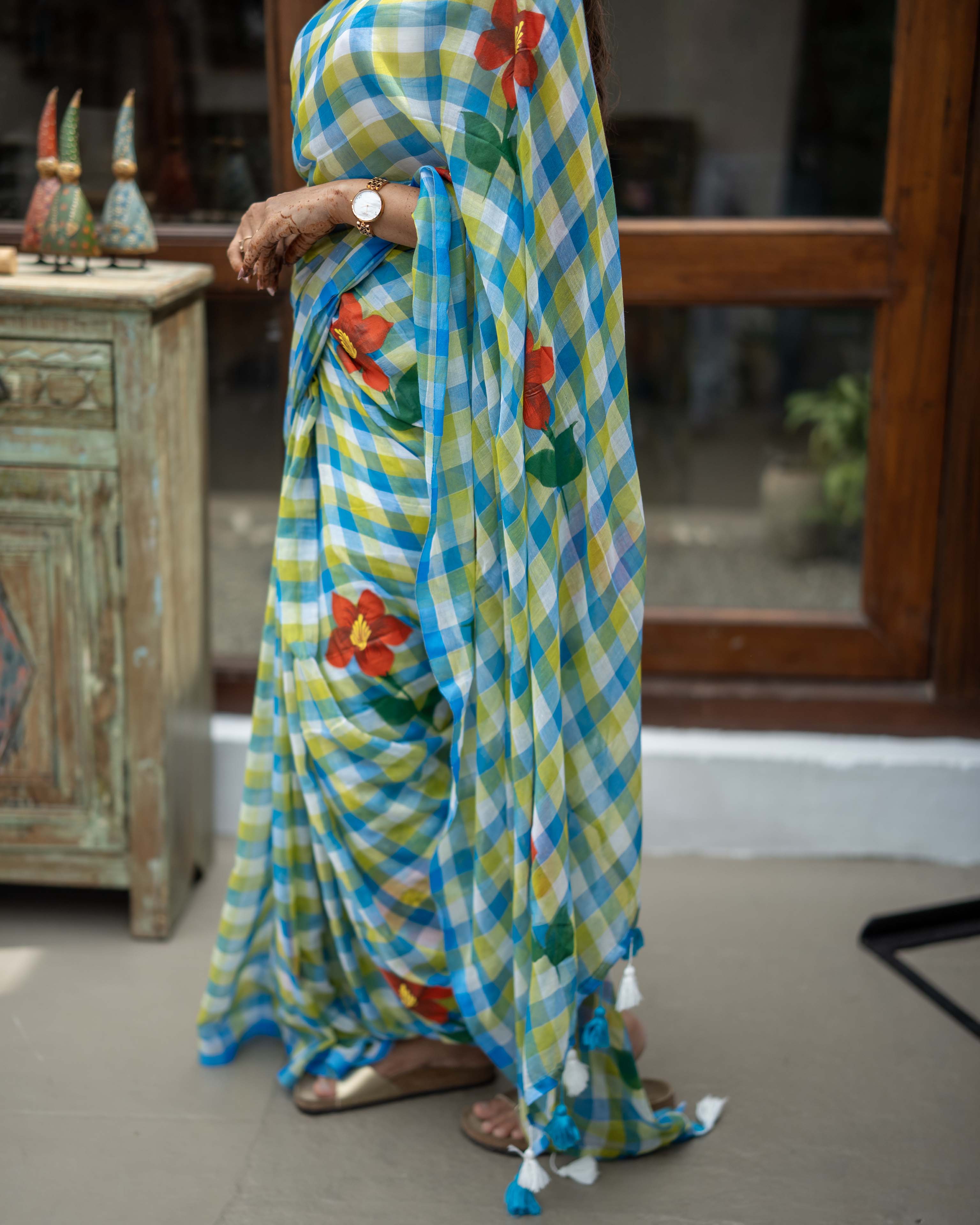 Blue Checked Mul Cotton Saree