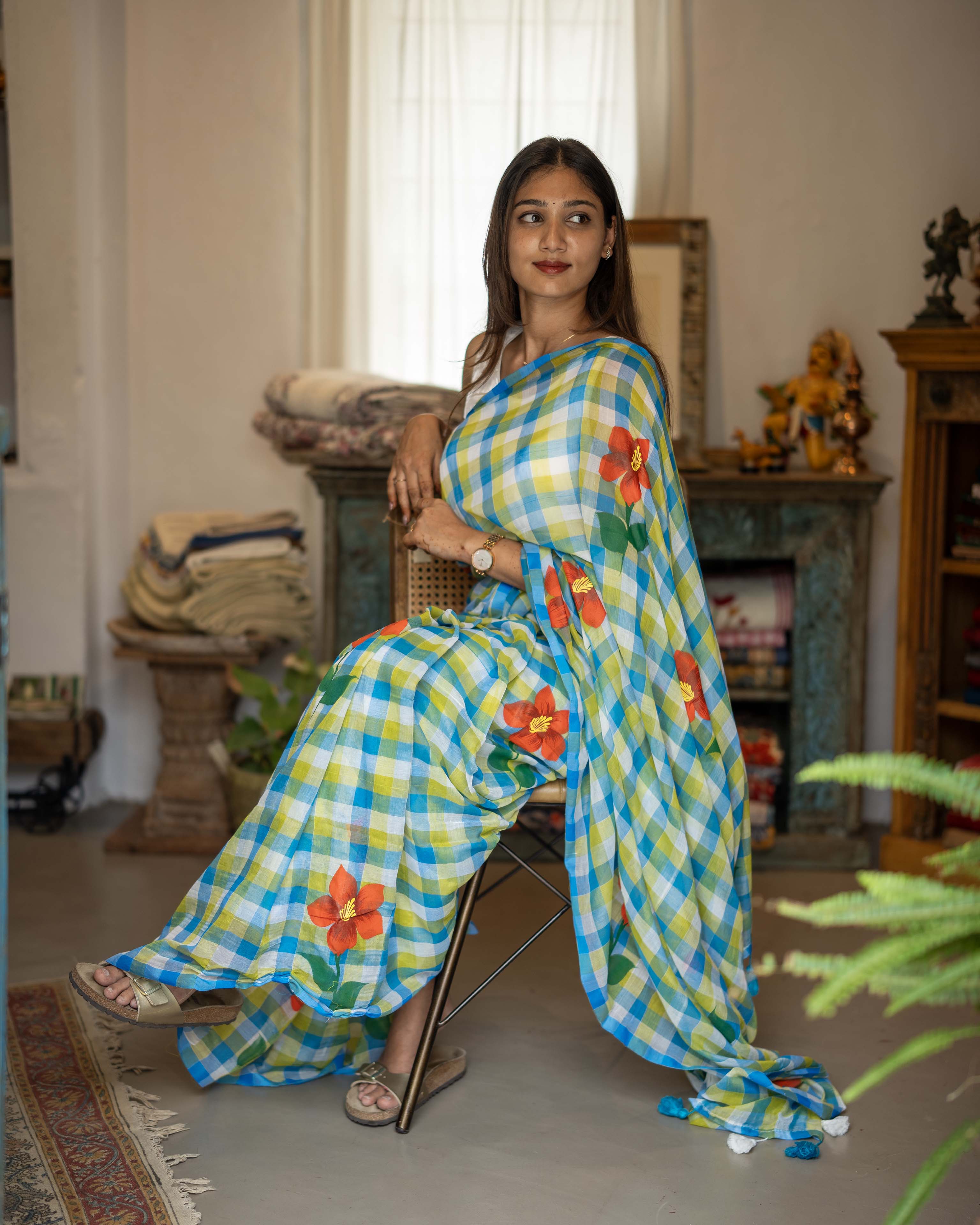 Blue Checked Mul Cotton Saree