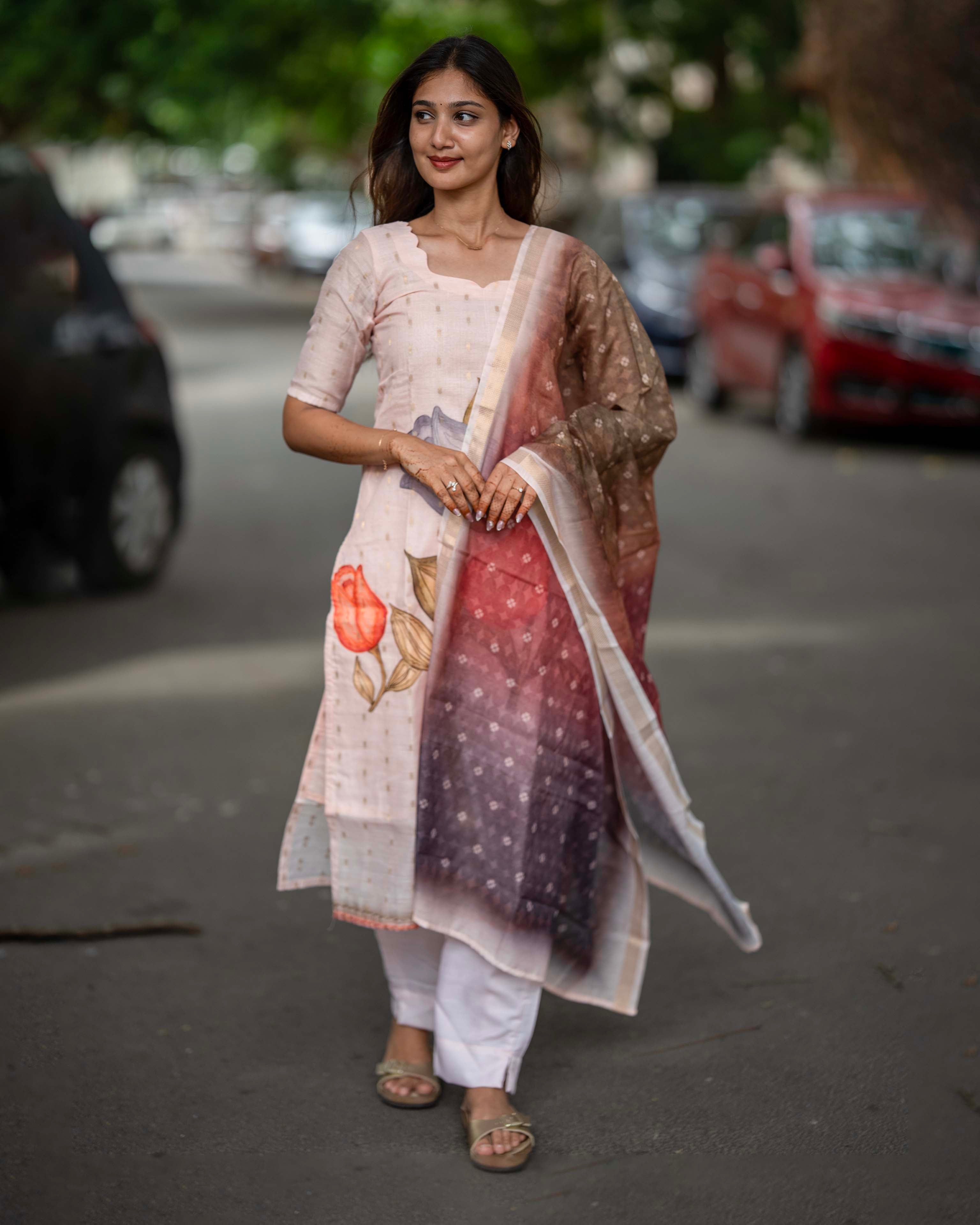 Ivory Pink Floral with Mauve Brown Printed Dupatta 3-Piece Set