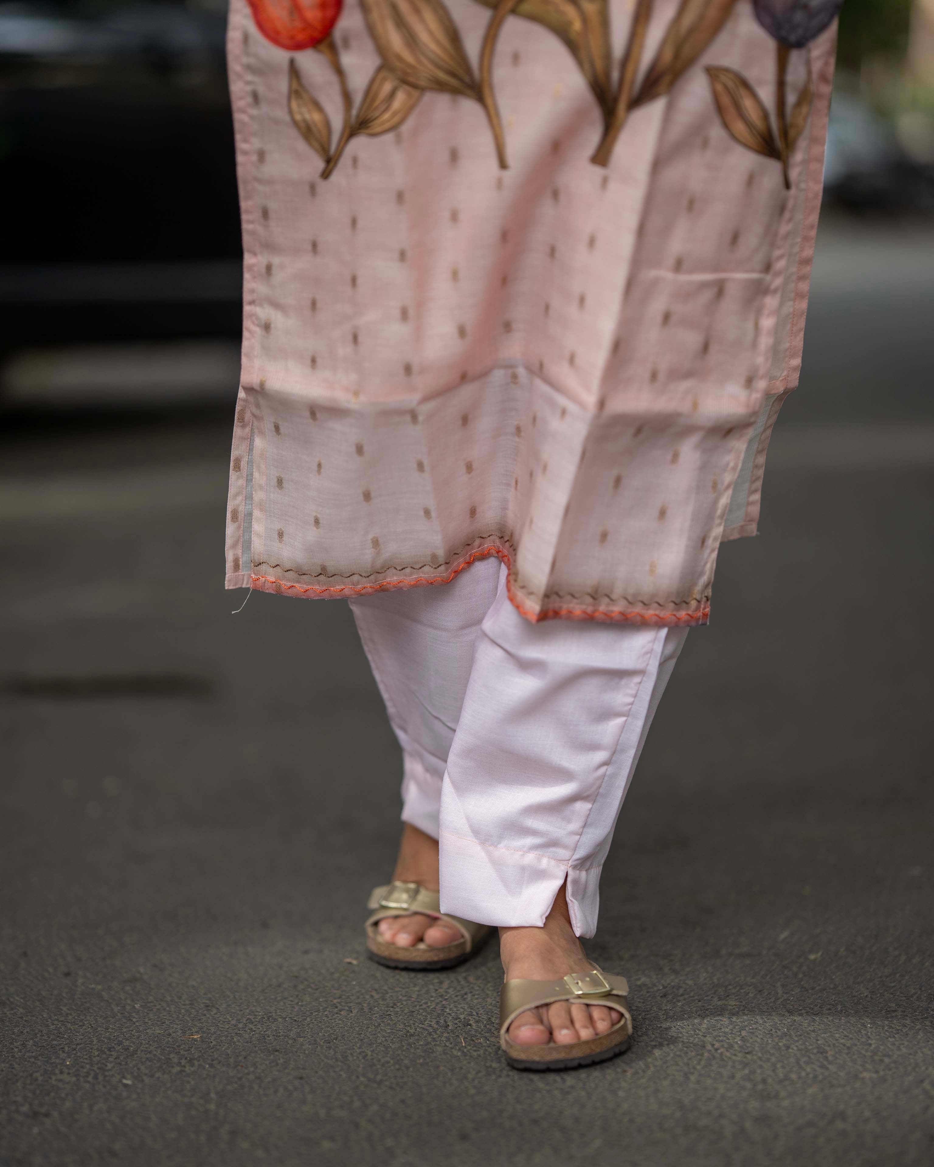 Ivory Pink Floral with Mauve Brown Printed Dupatta 3-Piece Set
