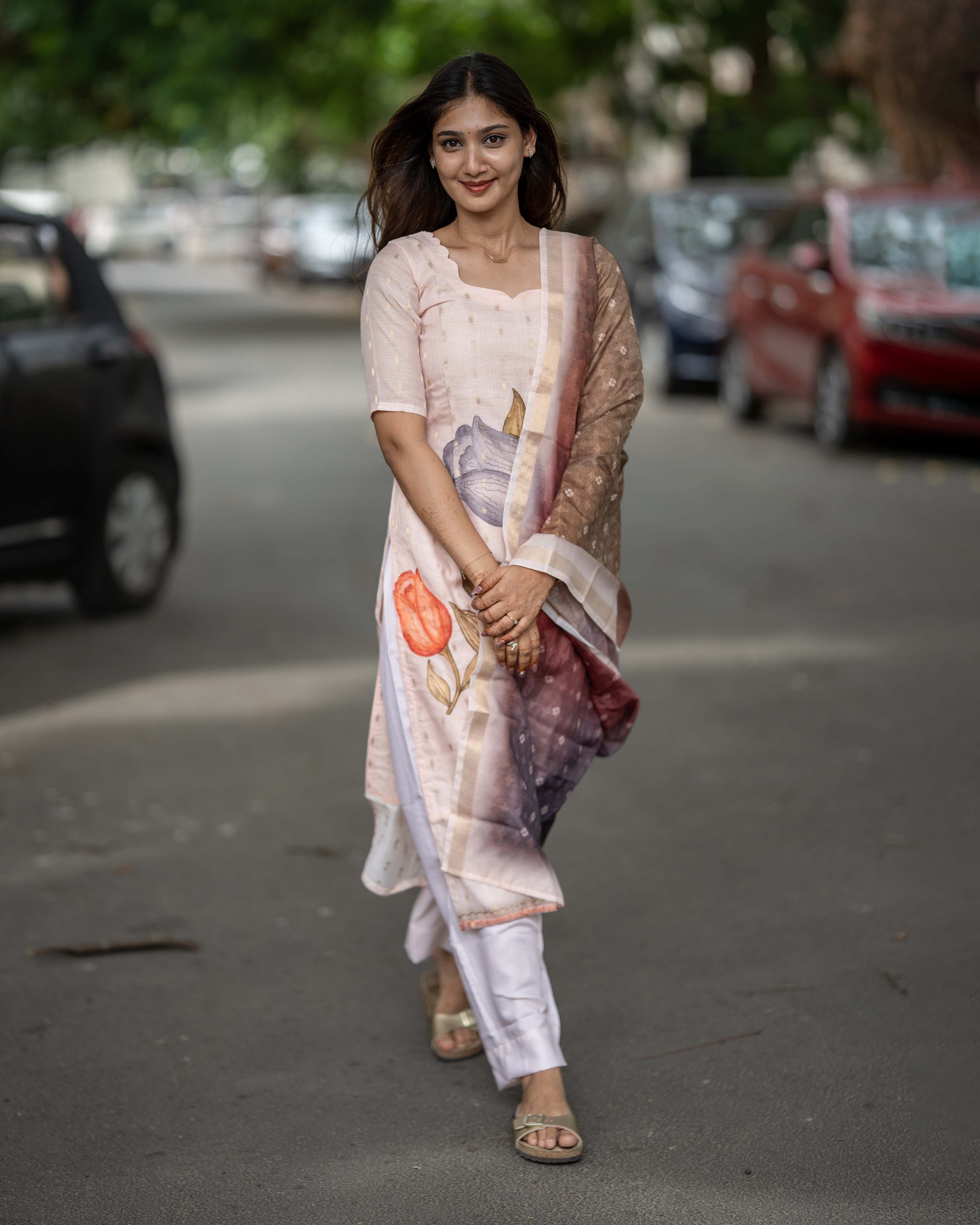 Ivory Pink Floral with Mauve Brown Printed Dupatta 3-Piece Set