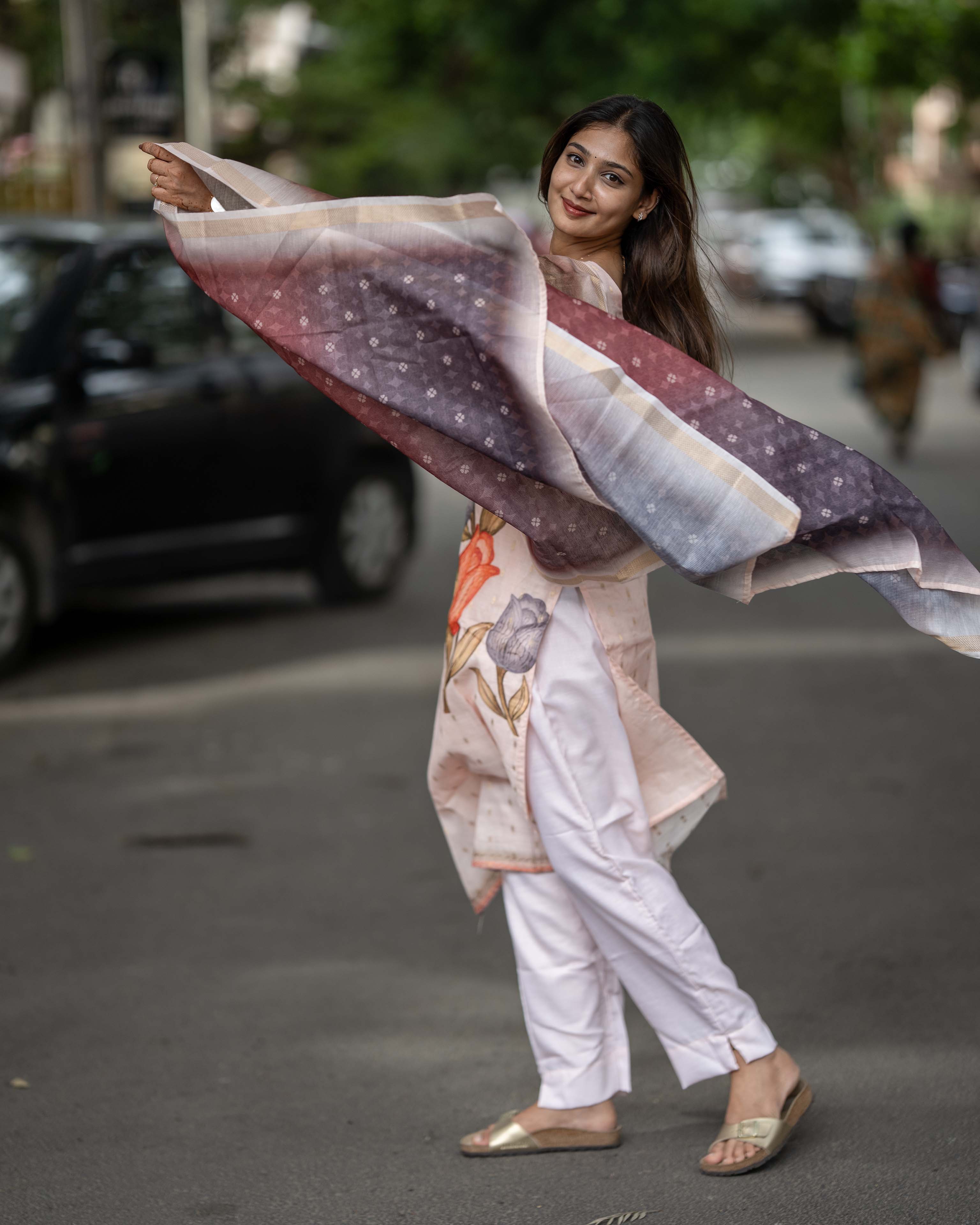 Ivory Pink Floral with Mauve Brown Printed Dupatta 3-Piece Set