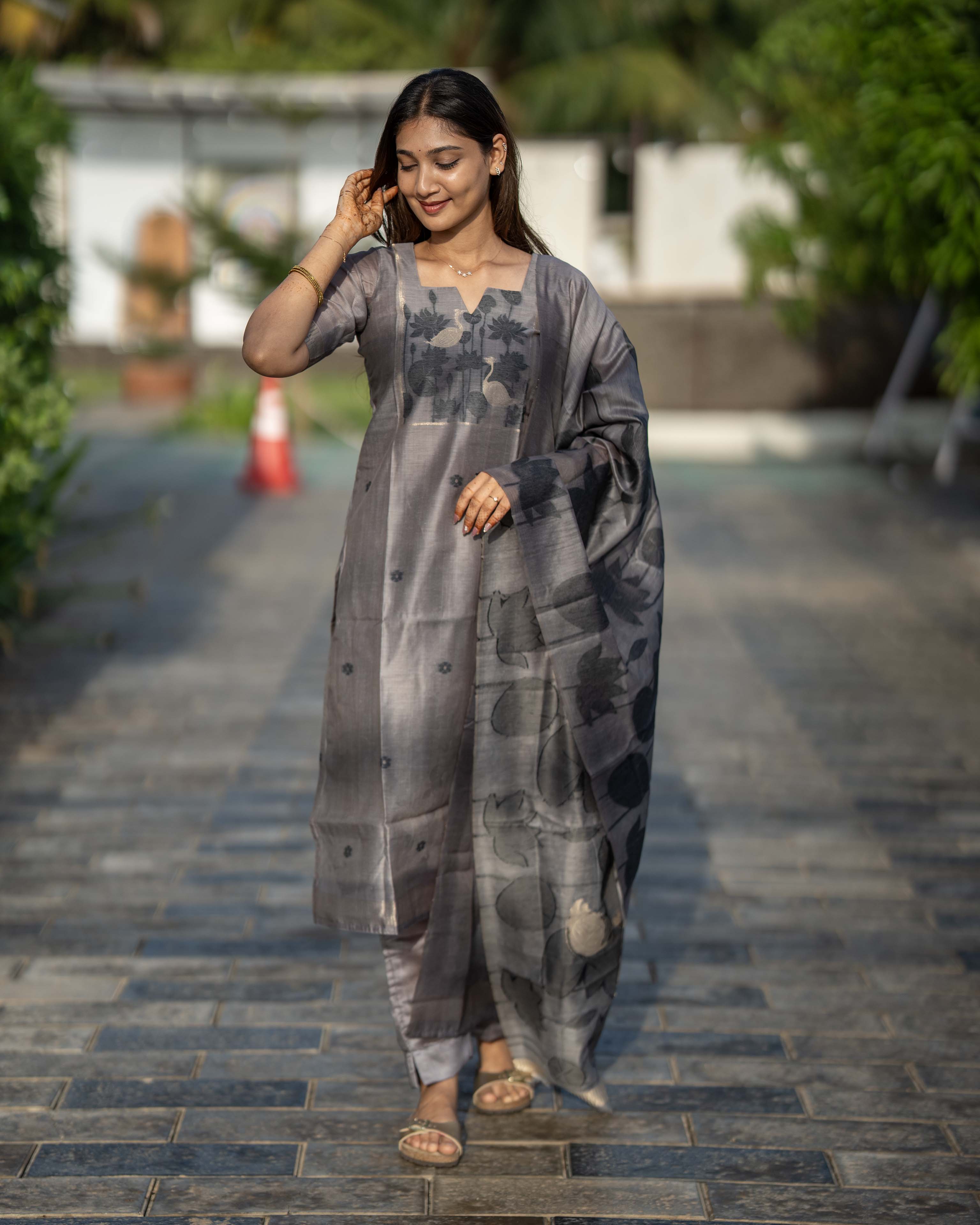 Charcoal Grey Floral Printed 3-Piece Set