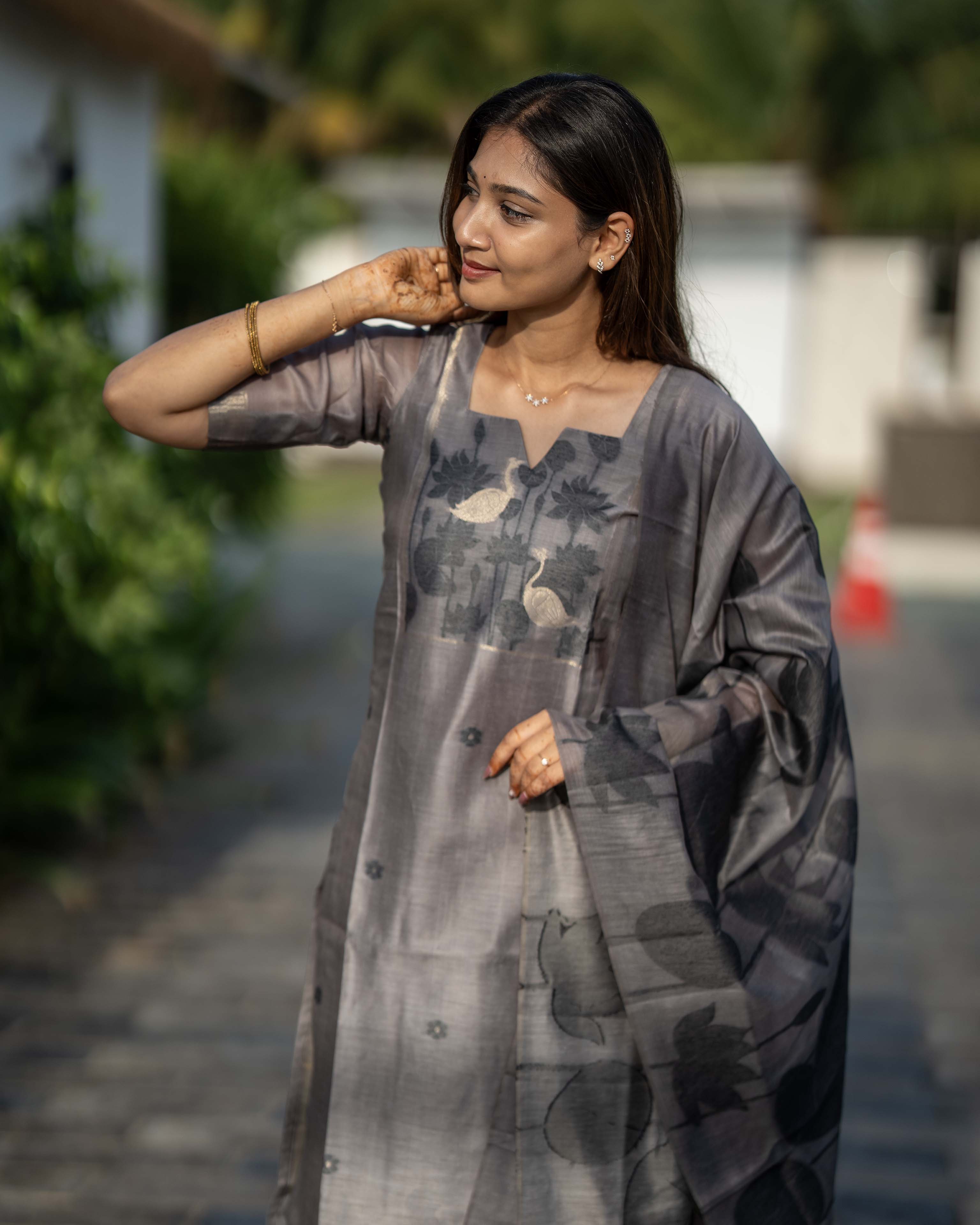 Charcoal Grey Floral Printed 3-Piece Set