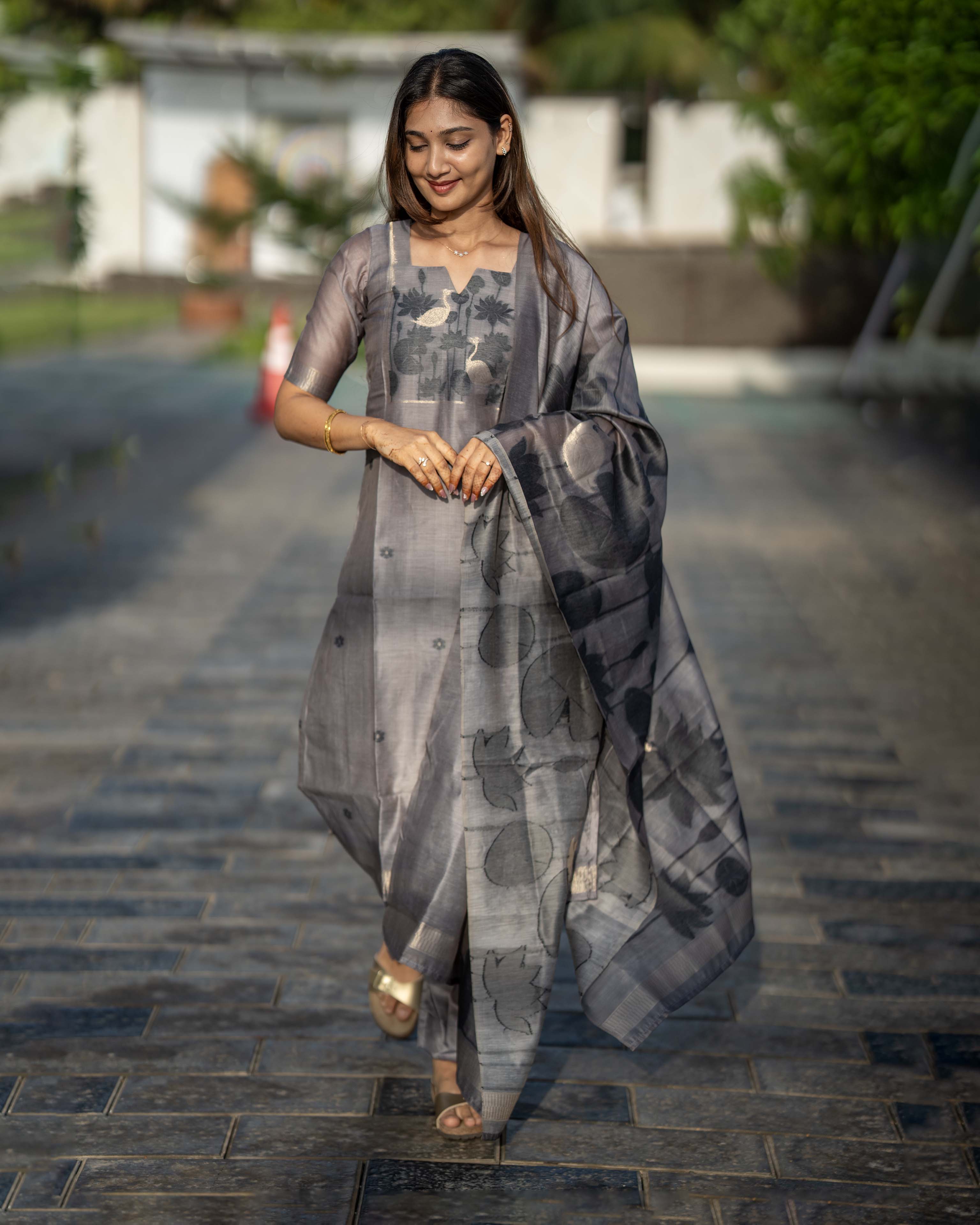 Charcoal Grey Floral Printed 3-Piece Set