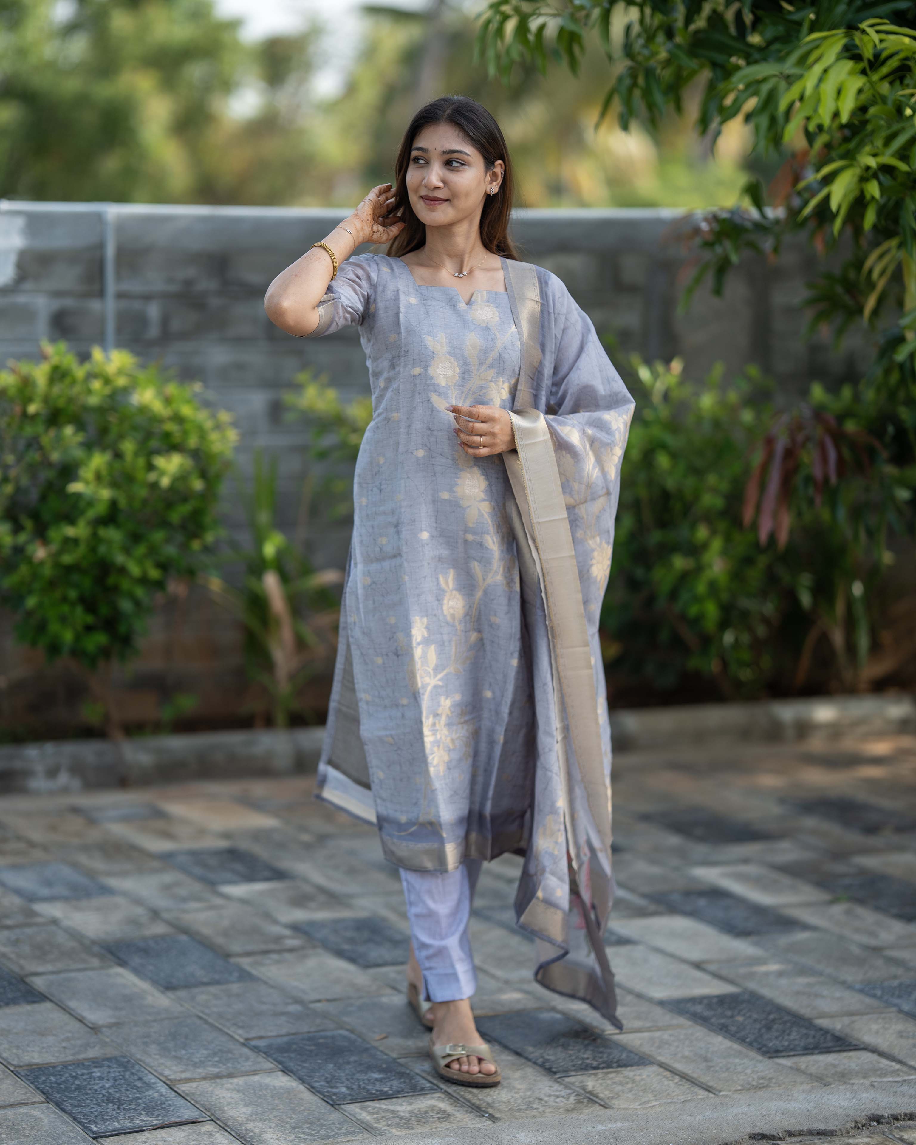 Grey Floral Printed with Ivory Dupatta 3-Piece Set
