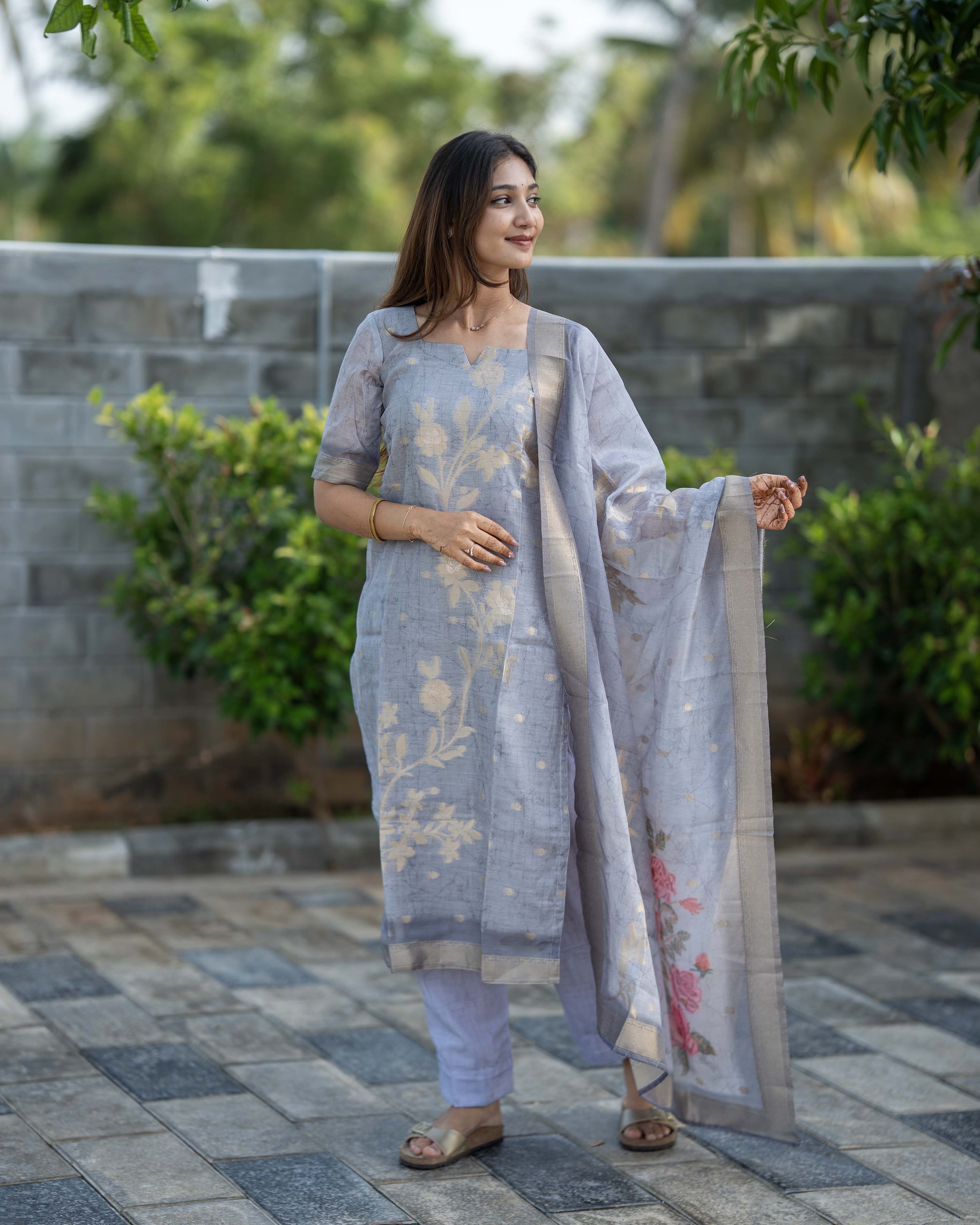 Grey Floral Printed with Ivory Dupatta 3-Piece Set