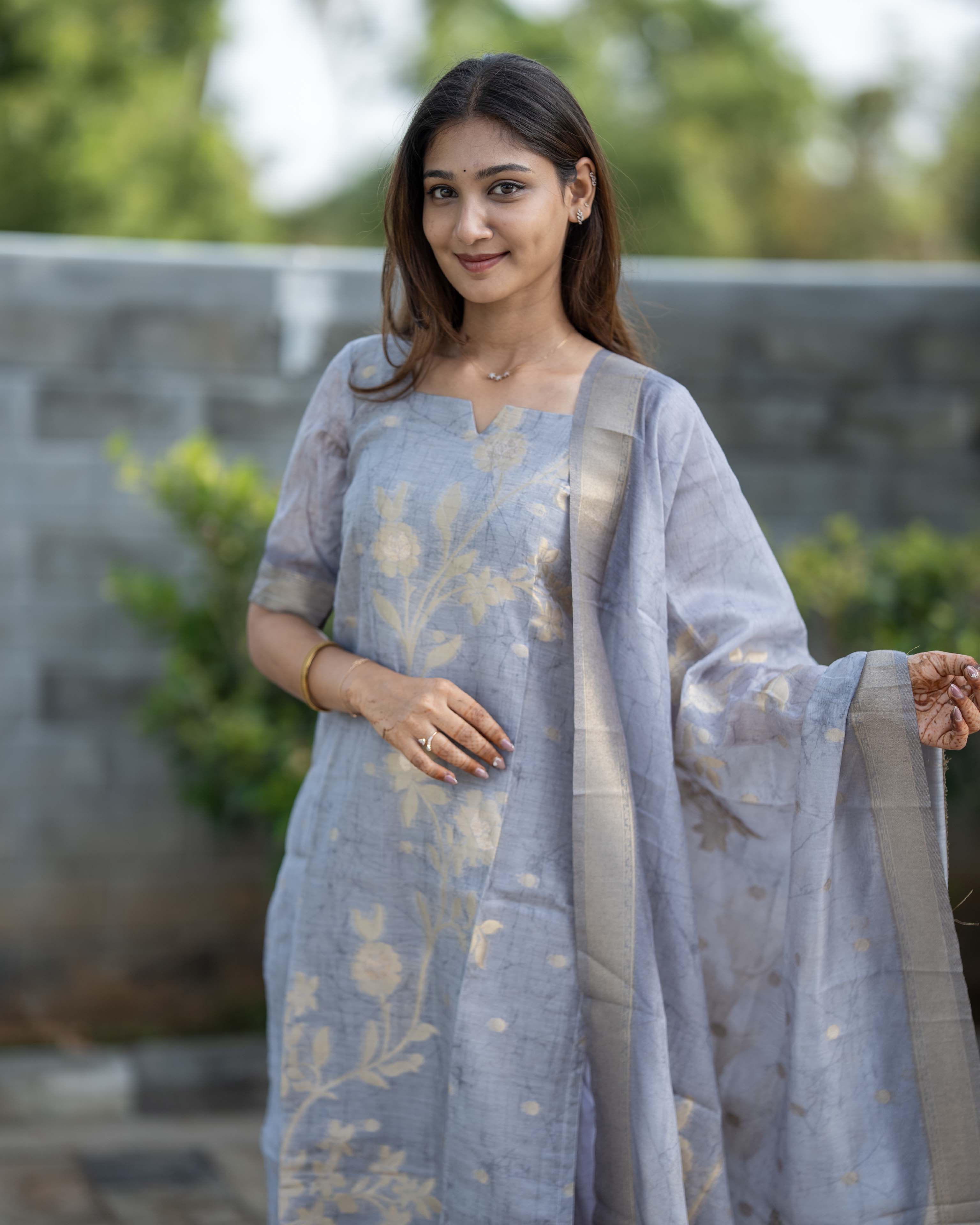 Grey Floral Printed with Ivory Dupatta 3-Piece Set