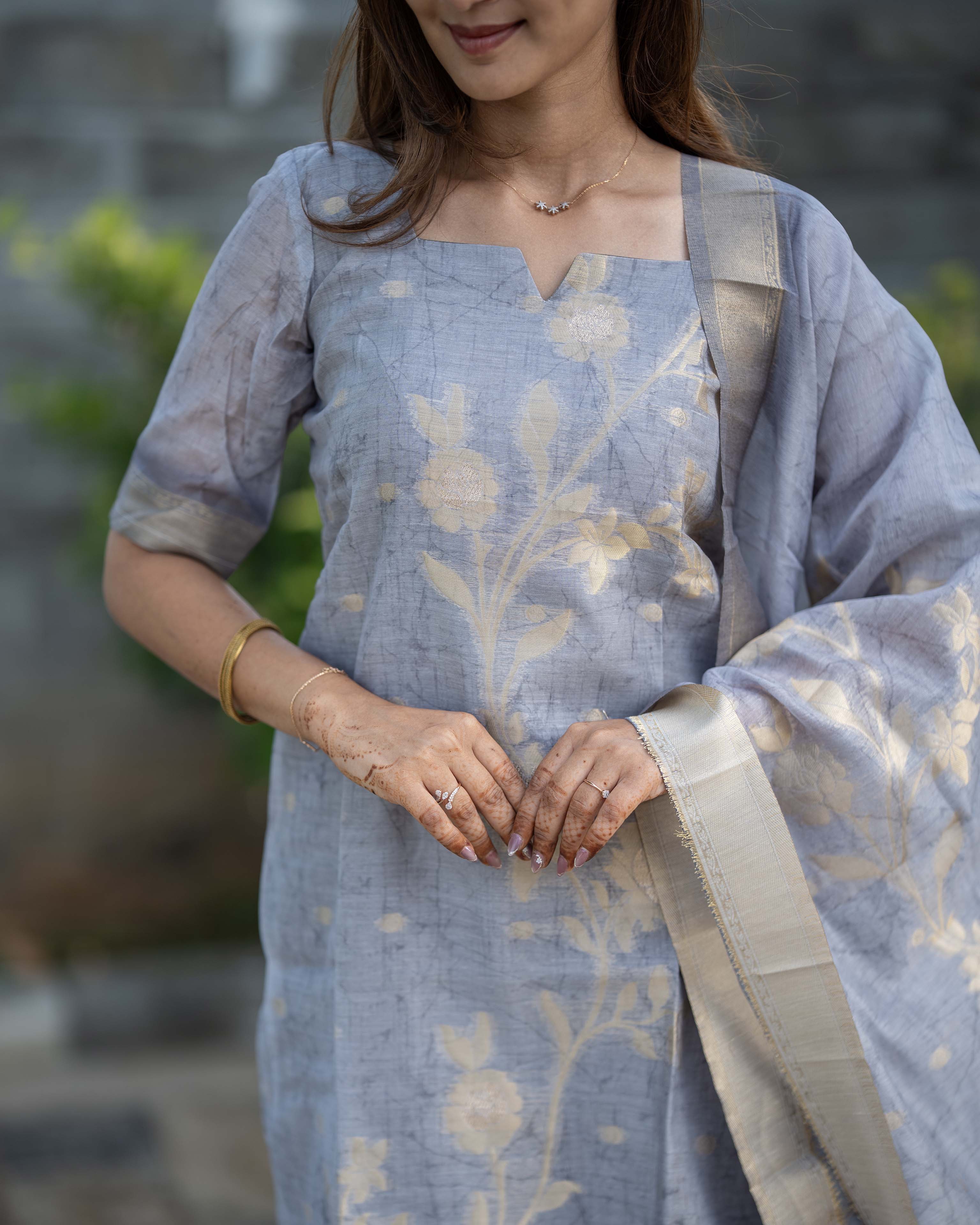 Grey Floral Printed with Ivory Dupatta 3-Piece Set