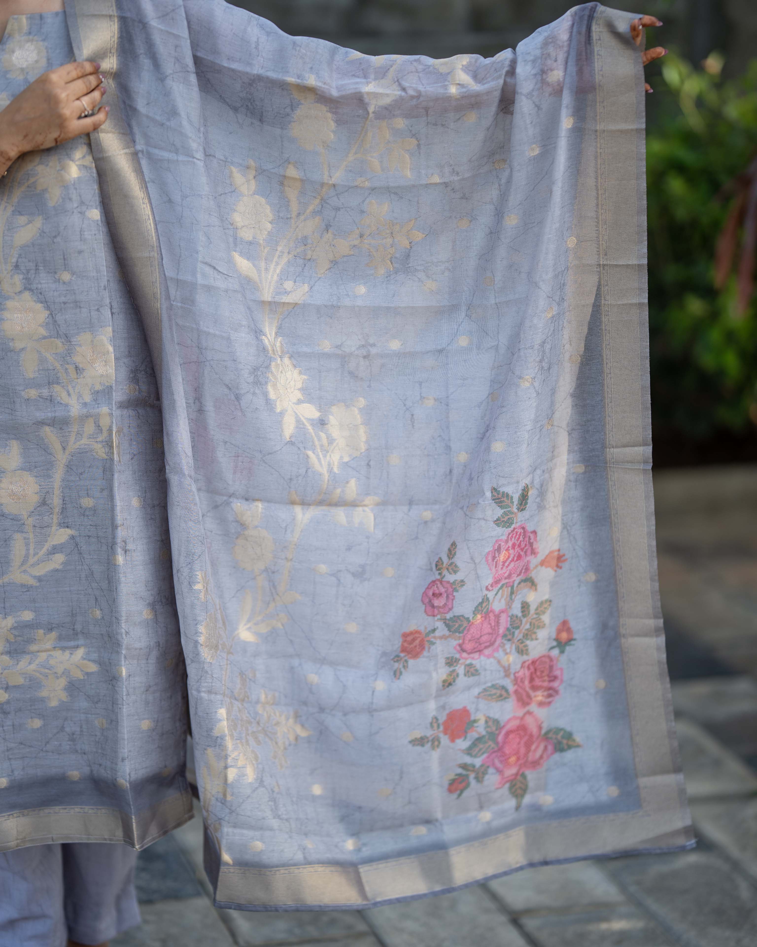 Grey Floral Printed with Ivory Dupatta 3-Piece Set