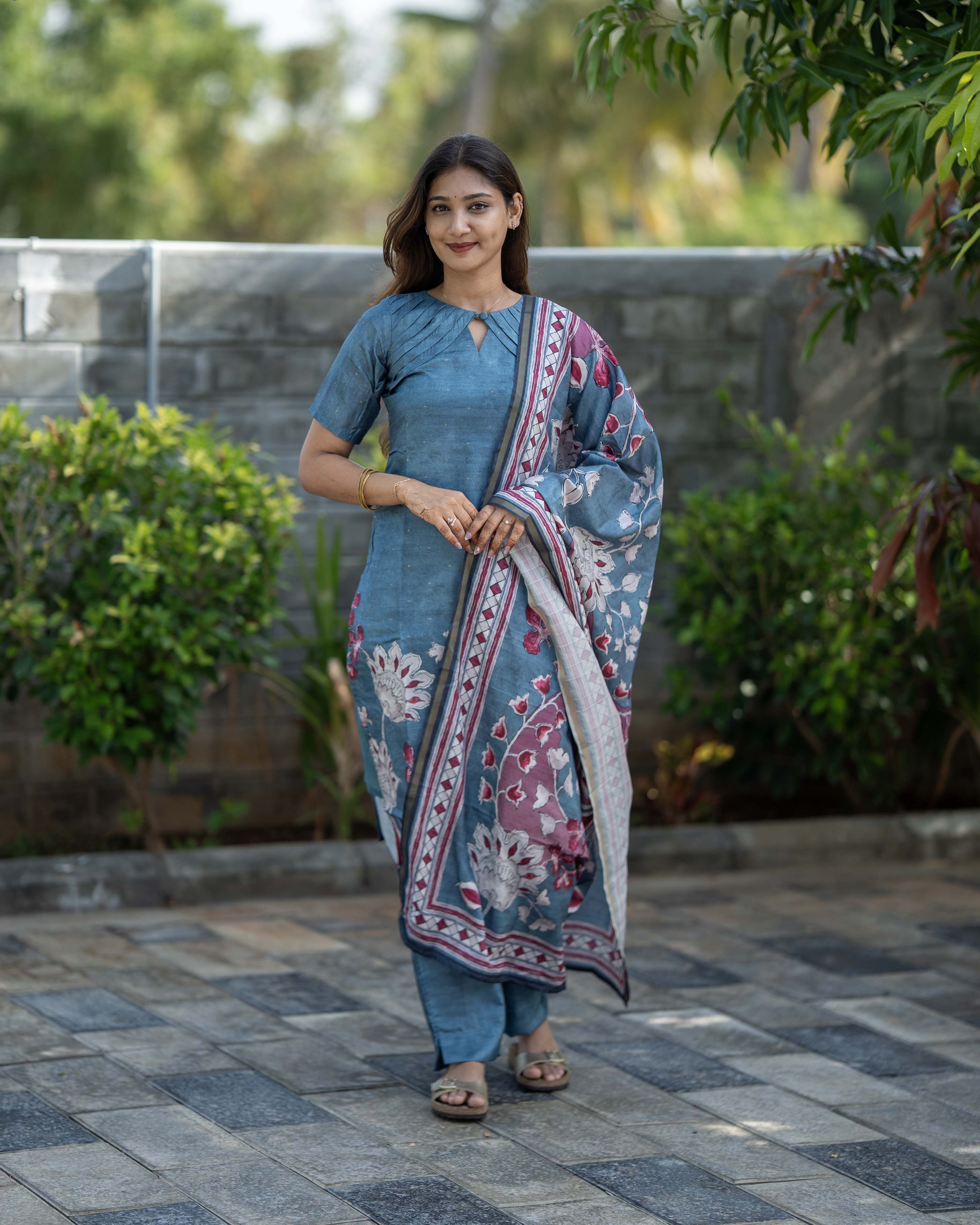 Teal Blue Floral Printed 3-Piece Set