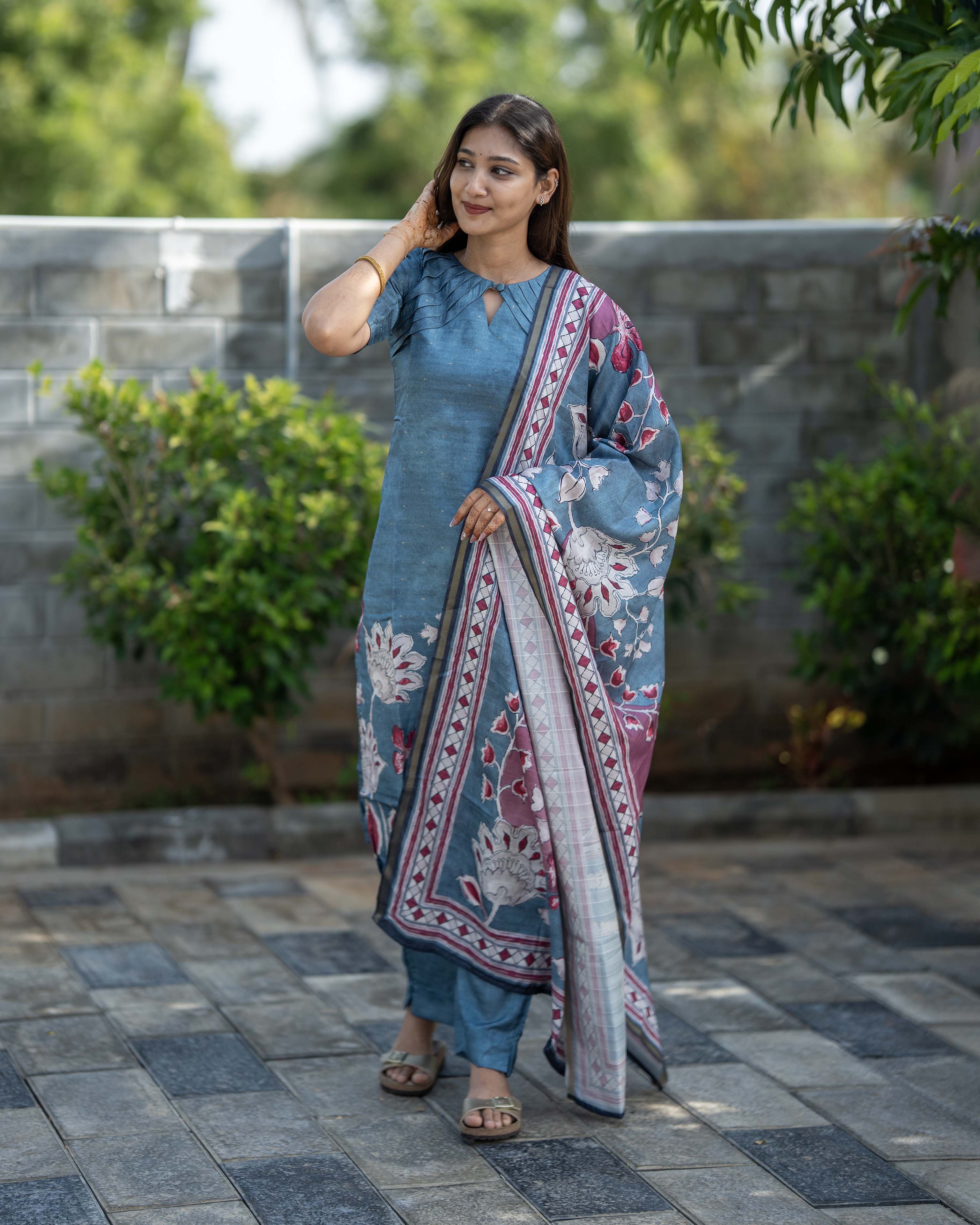 Teal Blue Floral Printed 3-Piece Set