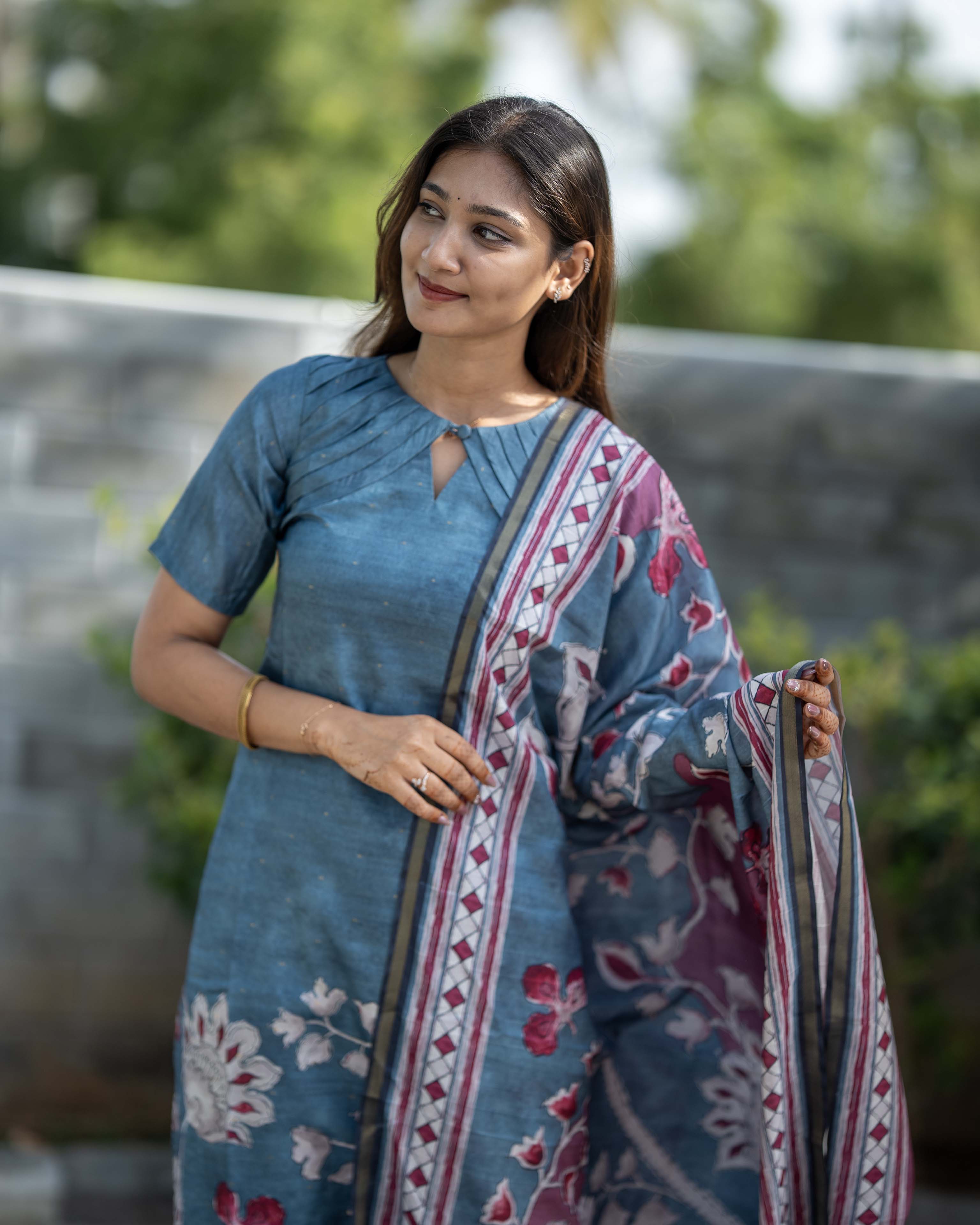 Teal Blue Floral Printed 3-Piece Set