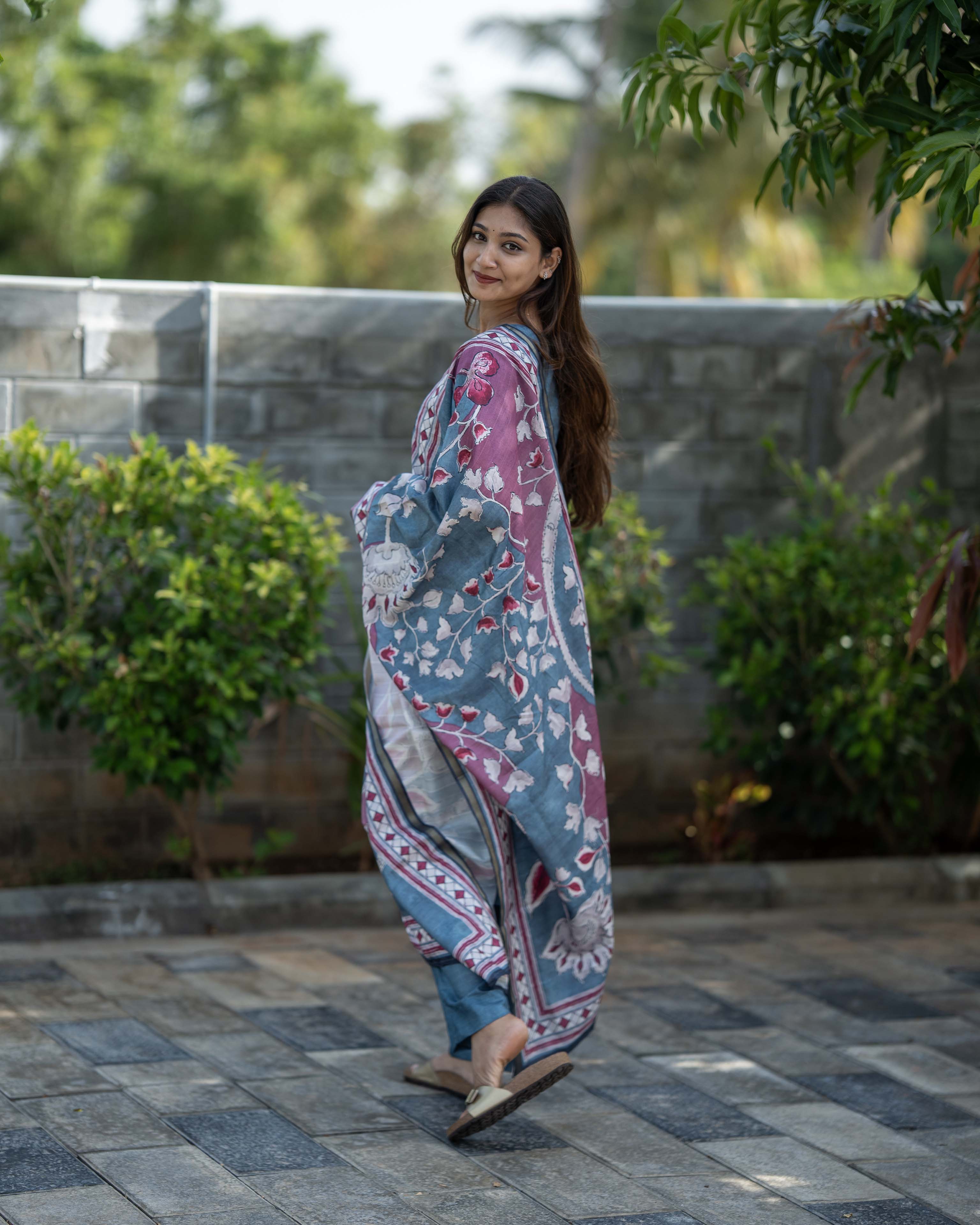 Teal Blue Floral Printed 3-Piece Set