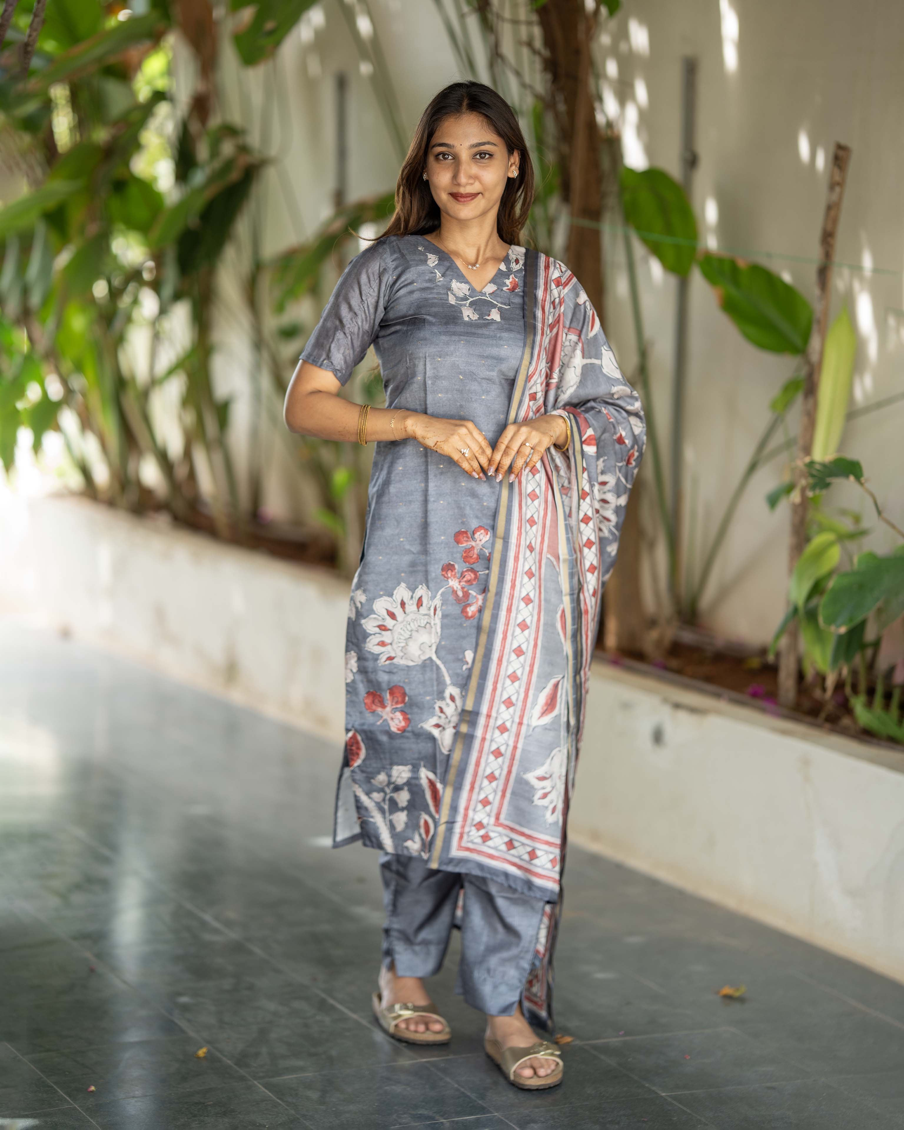 Slate Blue Floral Printed 3-Piece Set