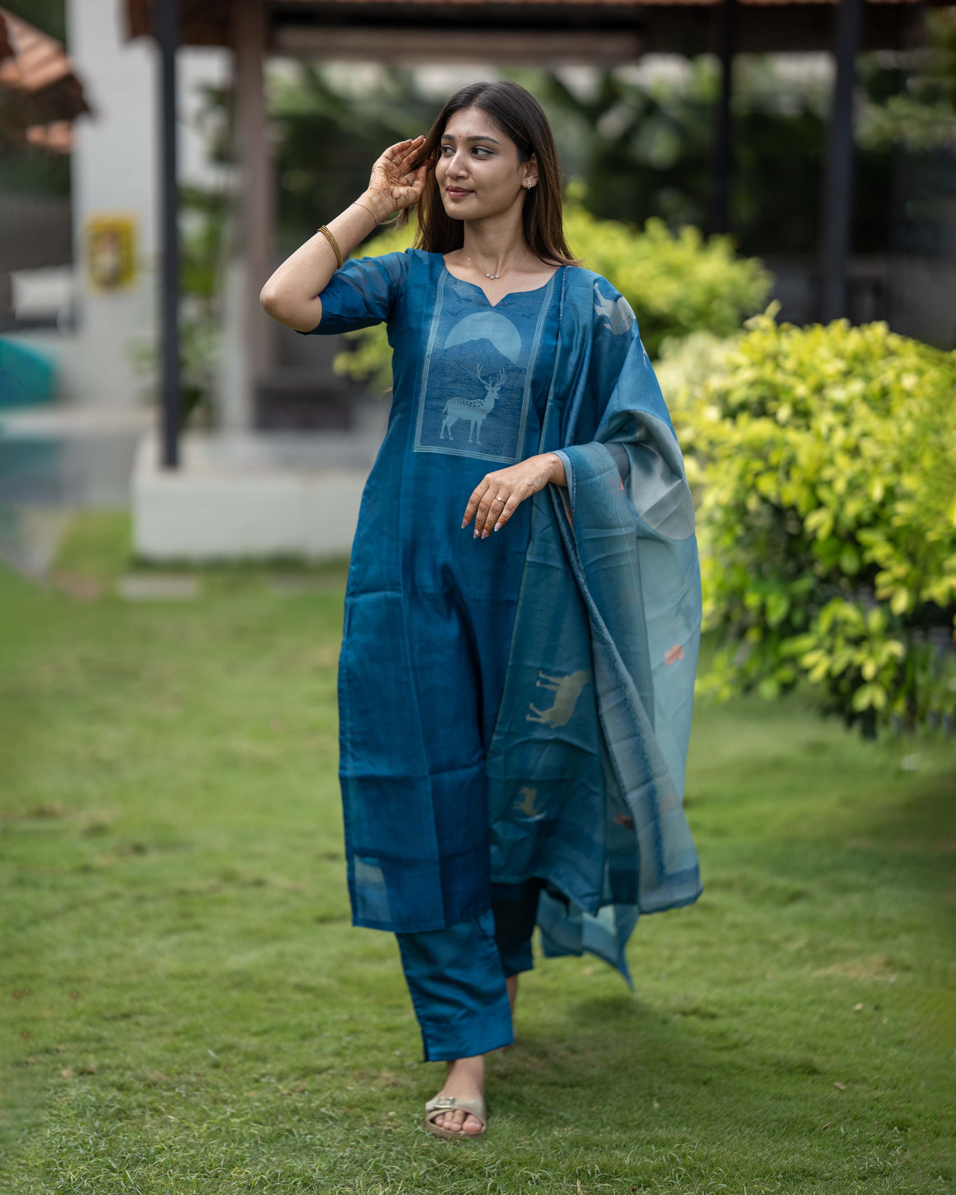 Peacock Blue Deer Print 3-Piece Set