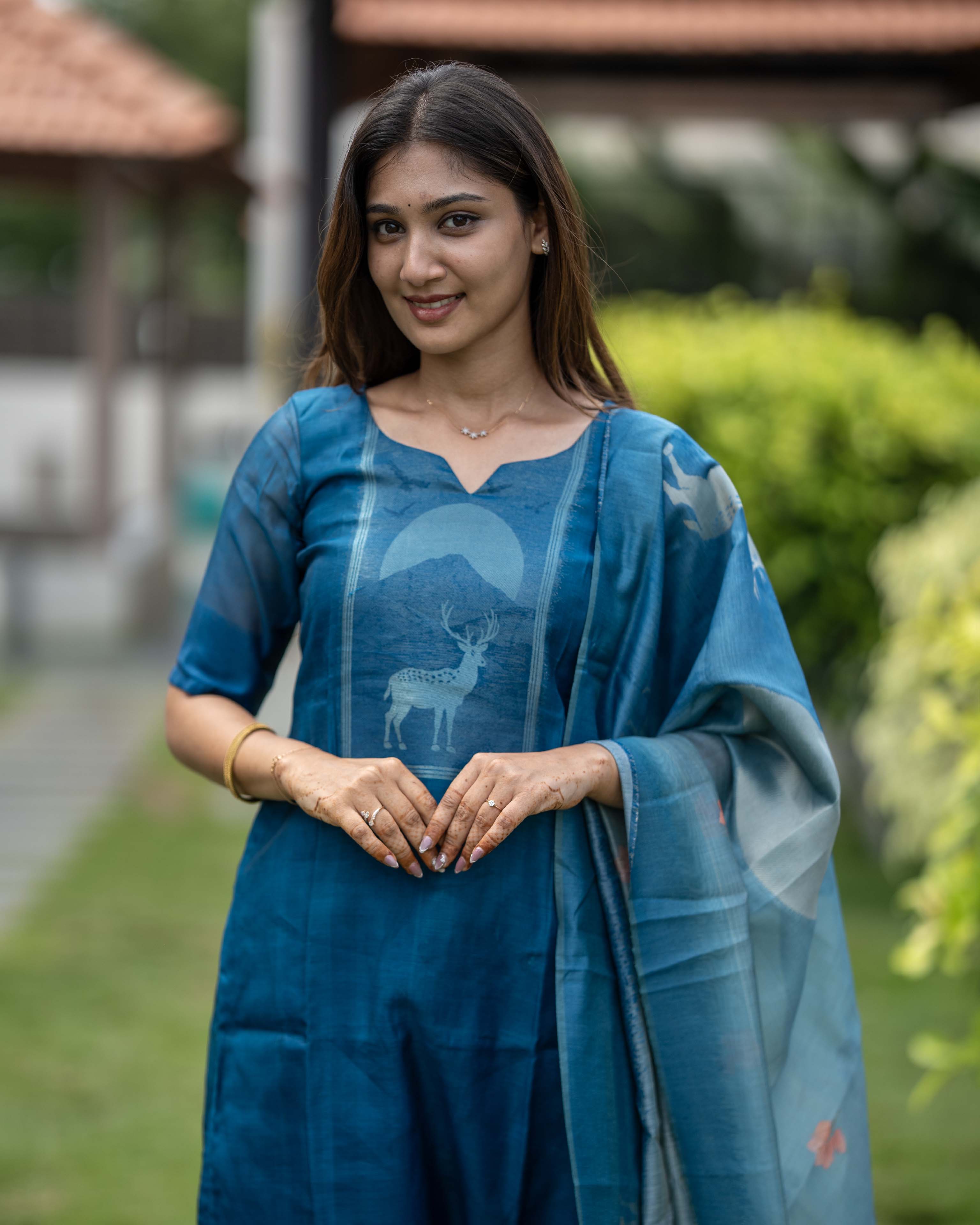 Peacock Blue Deer Print 3-Piece Set