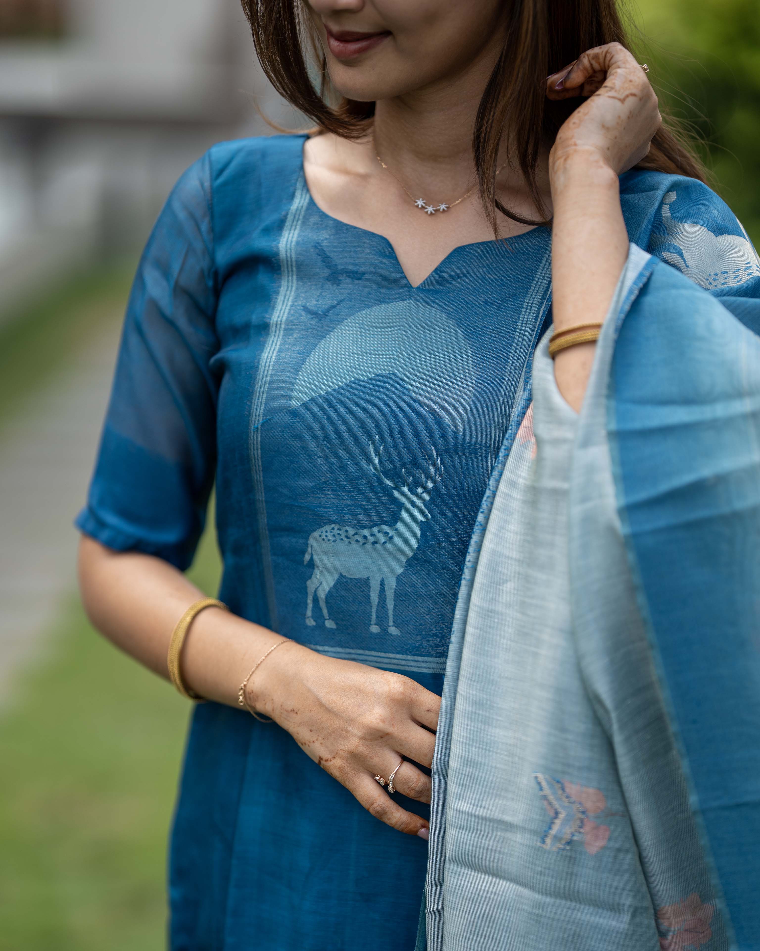 Peacock Blue Deer Print 3-Piece Set