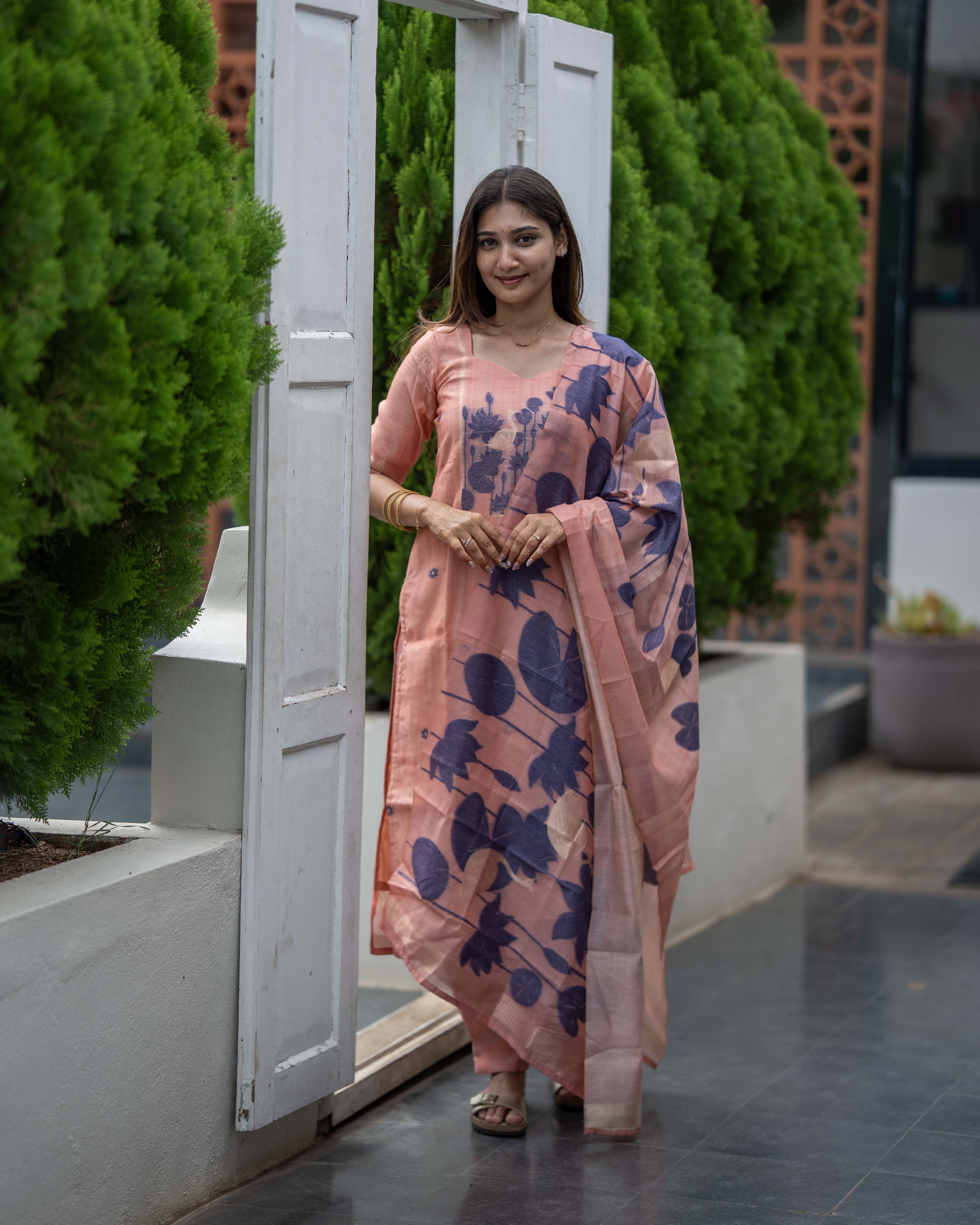 Peach Pink Floral Printed 3-Piece Set