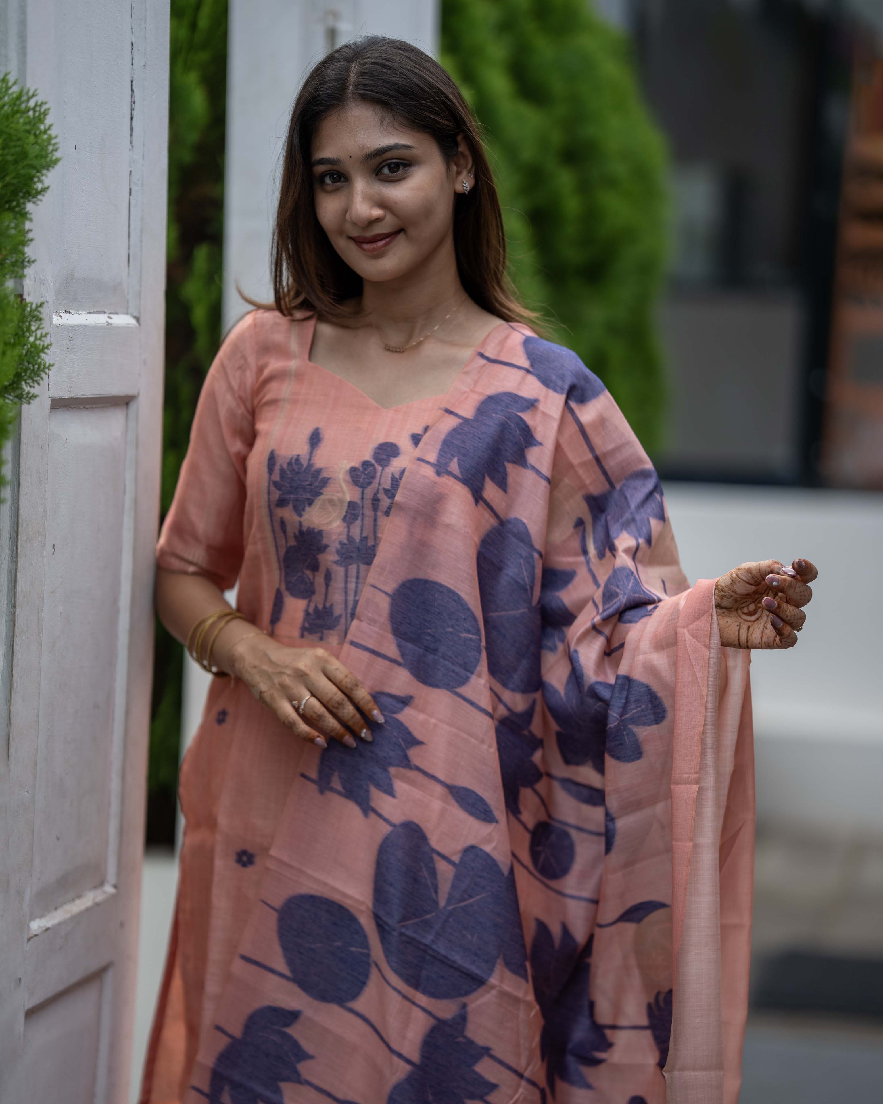 Peach Pink Floral Printed 3-Piece Set