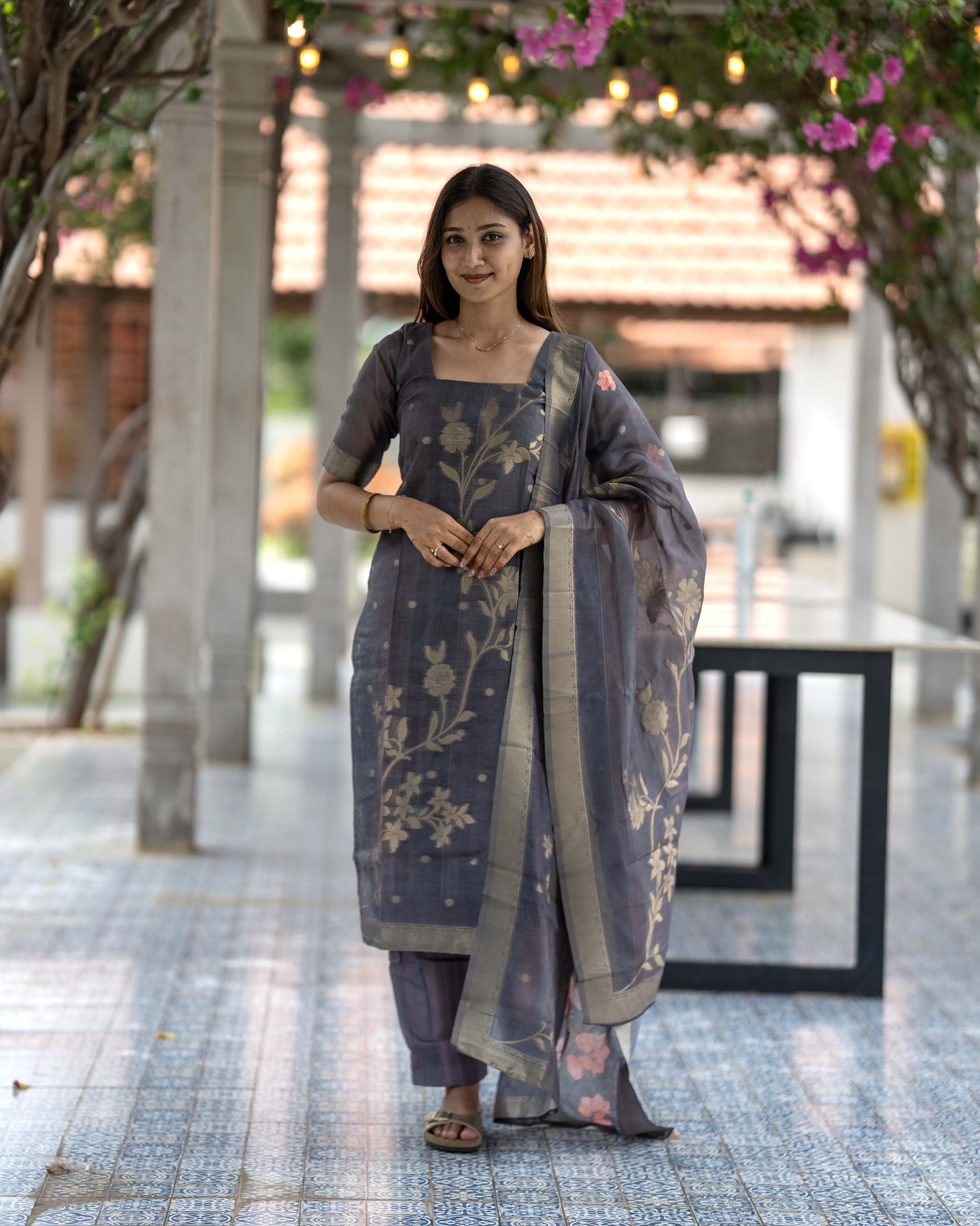 Charcoal Grey Floral Printed 3-Piece Set