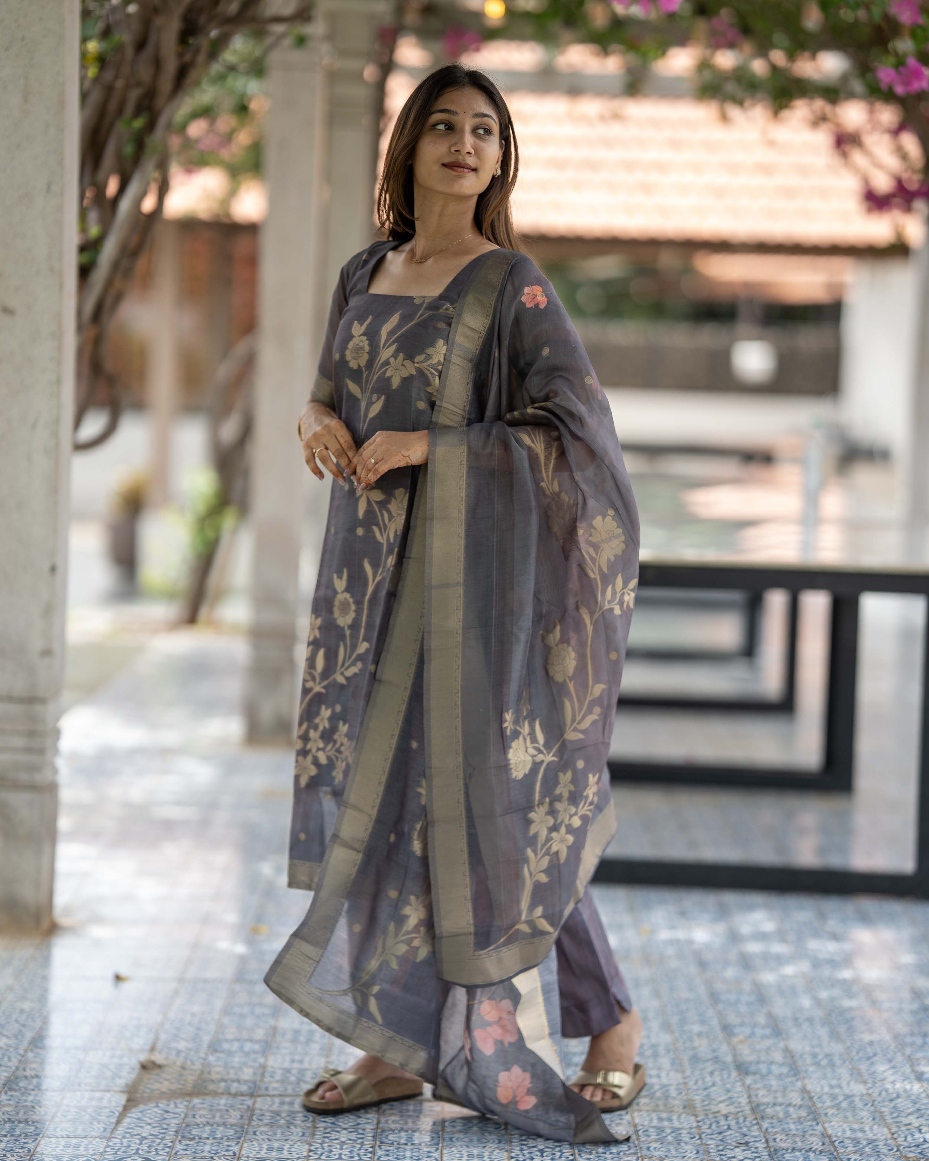 Charcoal Grey Floral Printed 3-Piece Set