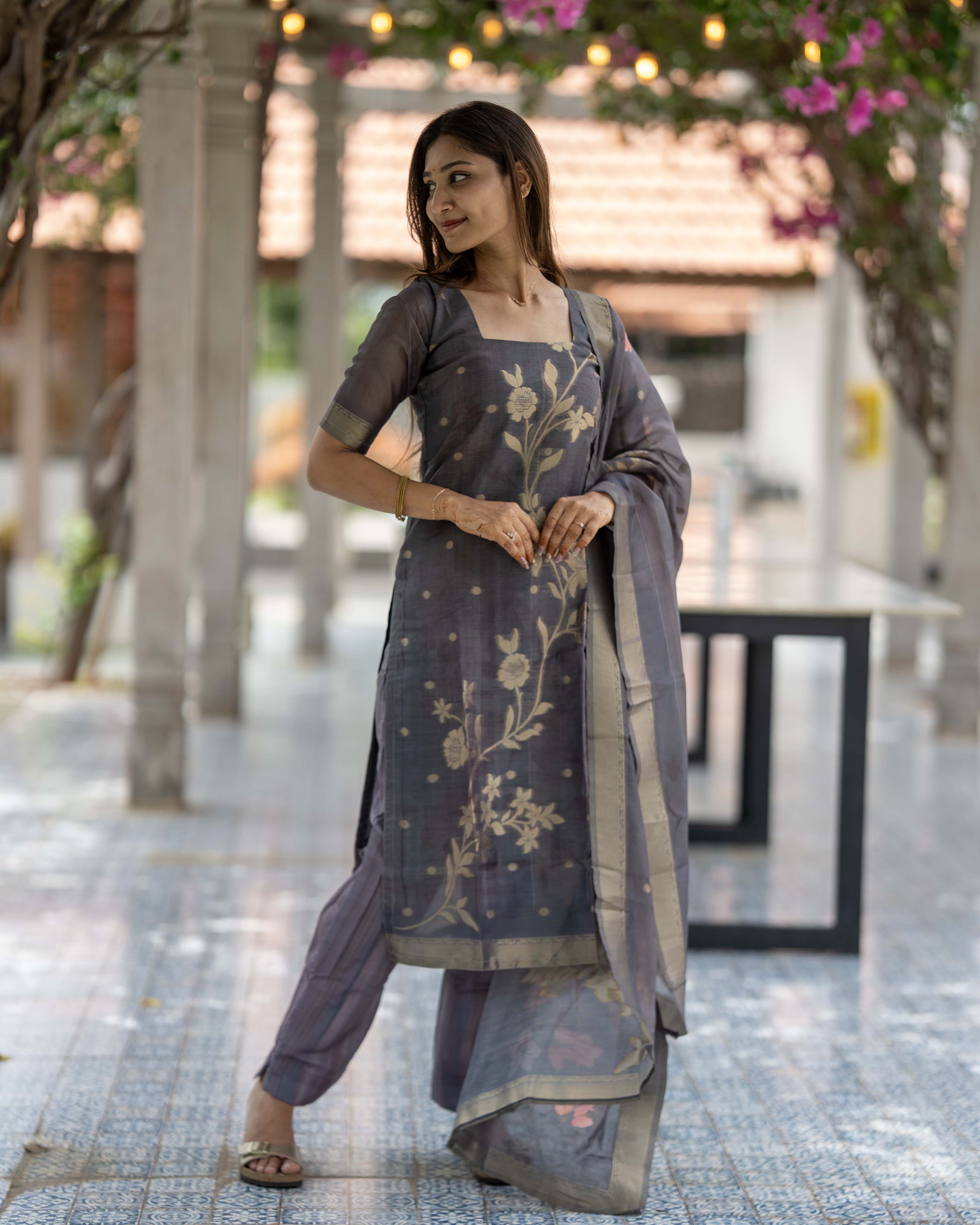 Charcoal Grey Floral Printed 3-Piece Set