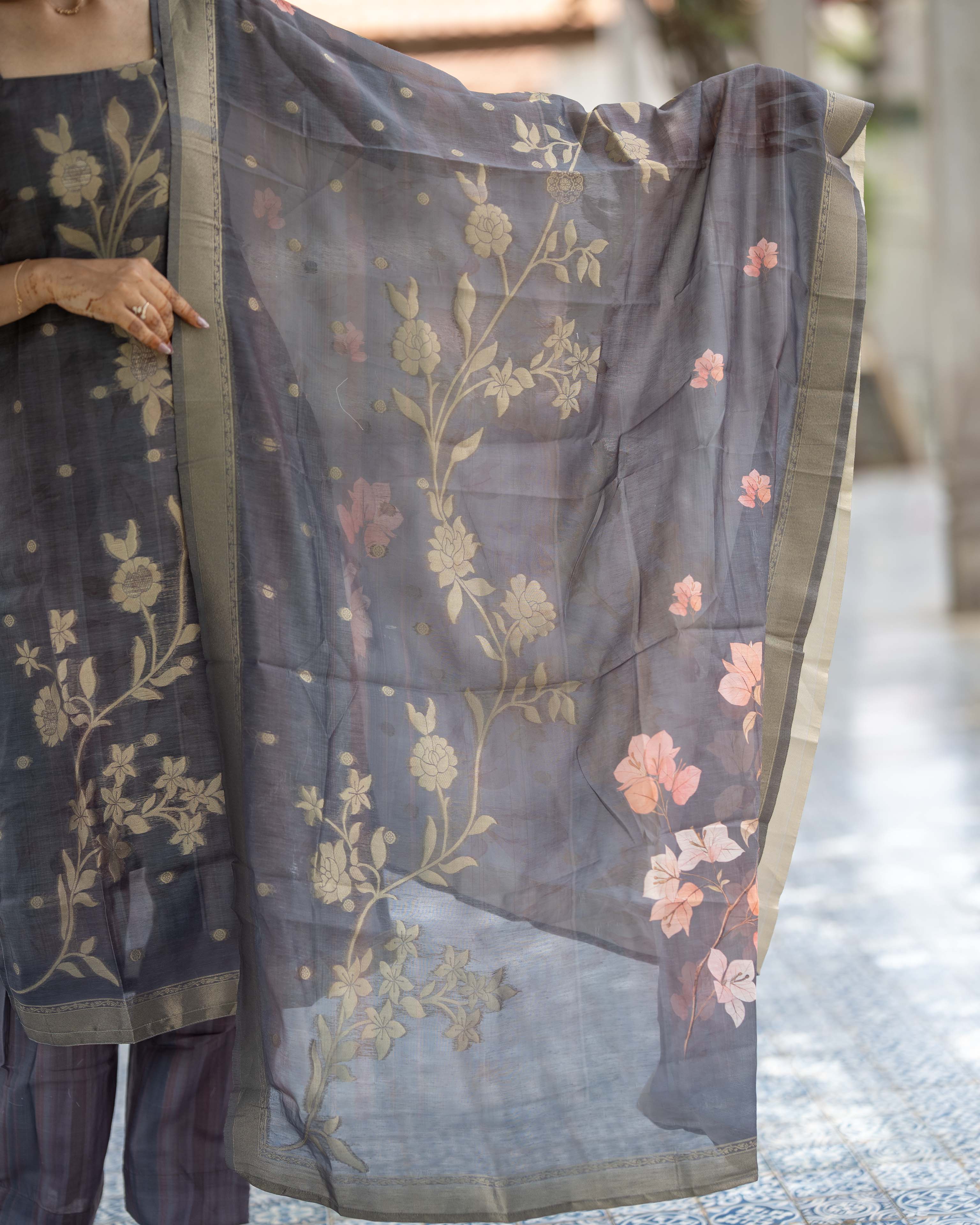 Charcoal Grey Floral Printed 3-Piece Set