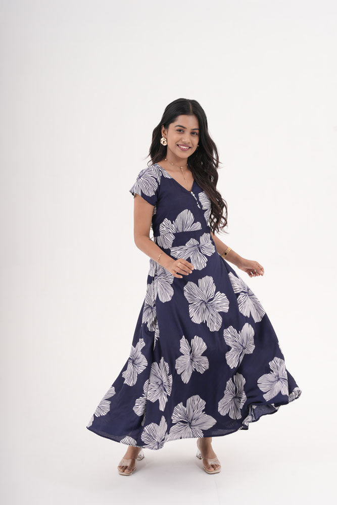 Navy Blue With White Flower Dress