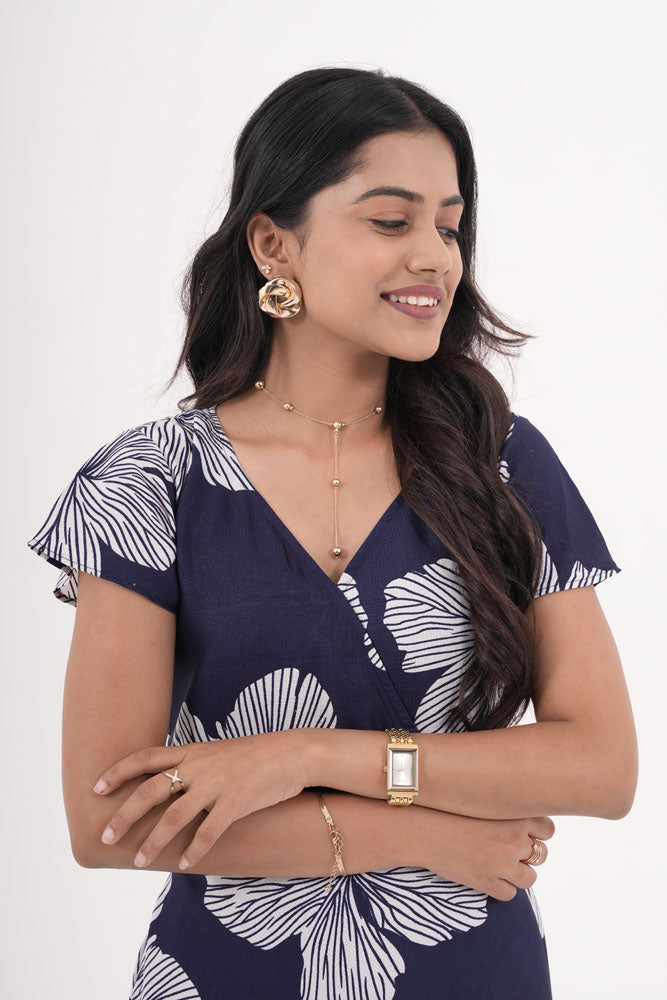 Navy Blue With White Flower Dress