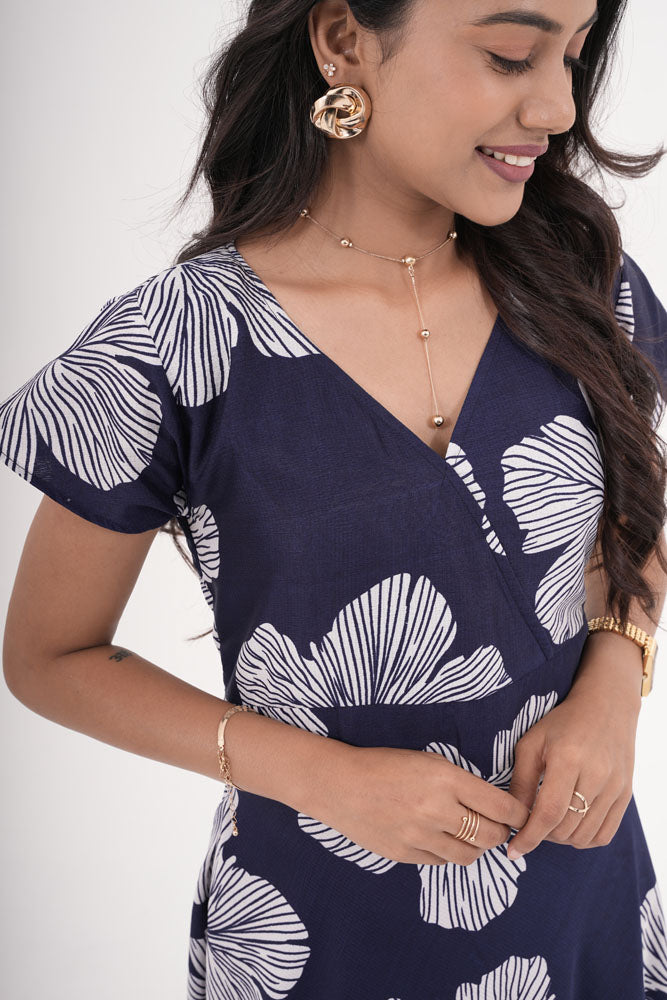 Navy Blue With White Flower Dress
