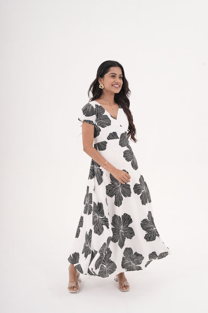White With Black Flower Dress