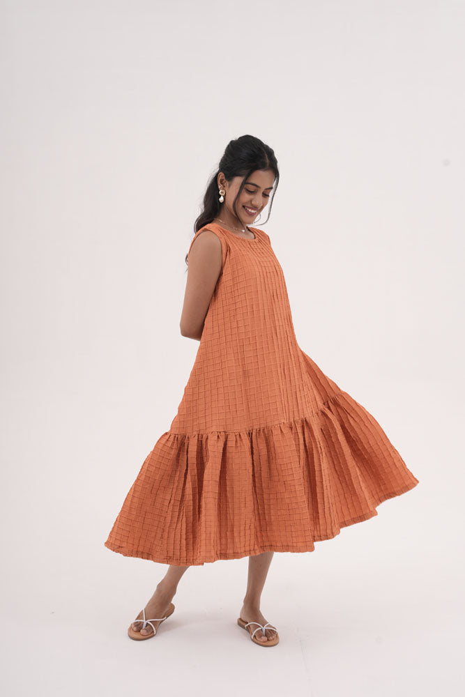 Orange Grid Sleeveless Dress