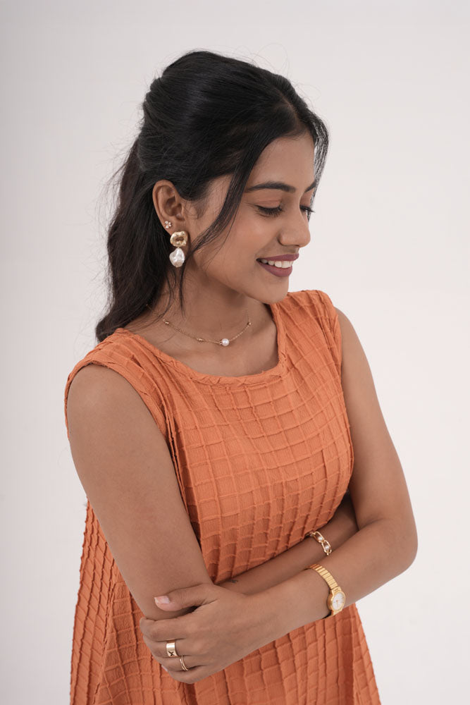 Orange Grid Sleeveless Dress