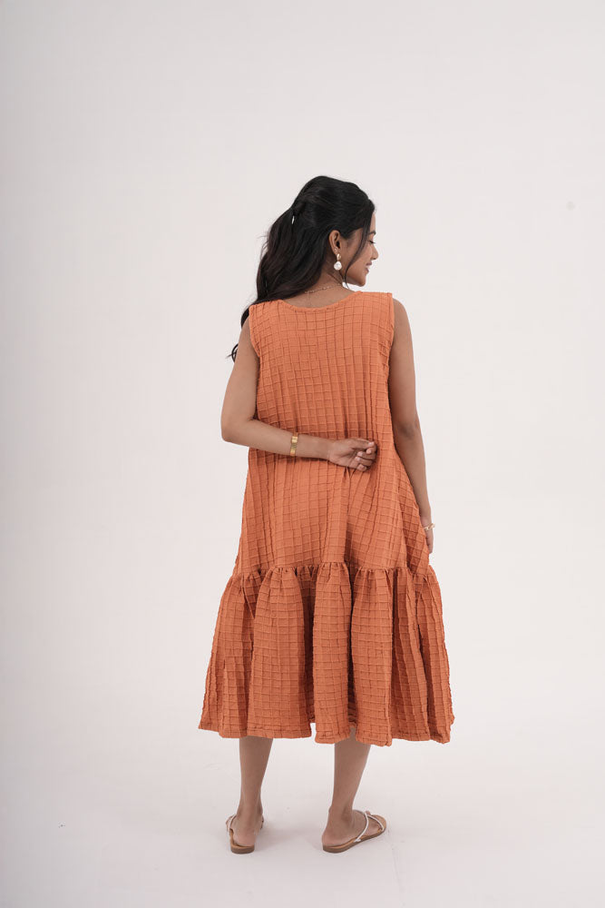 Orange Grid Sleeveless Dress
