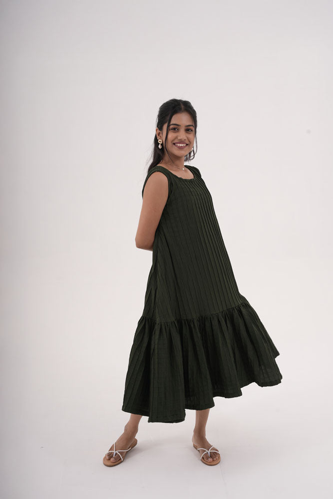 Deep Green Grid Sleeveless Dress