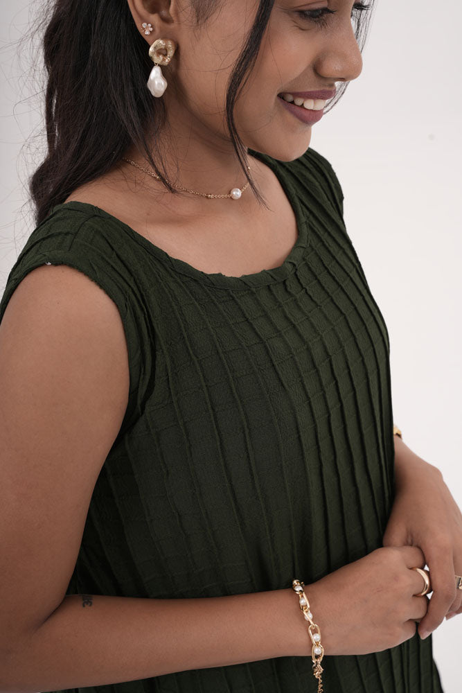 Deep Green Grid Sleeveless Dress
