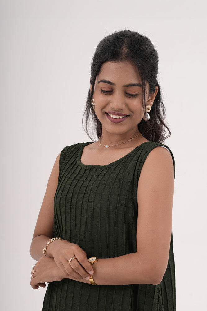 Deep Green Grid Sleeveless Dress