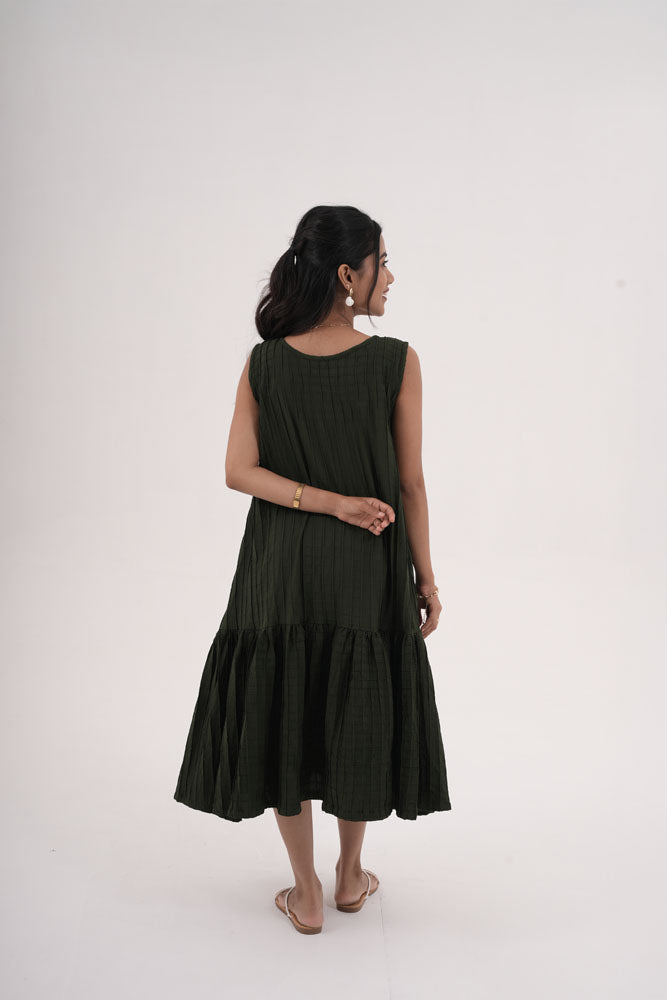Deep Green Grid Sleeveless Dress