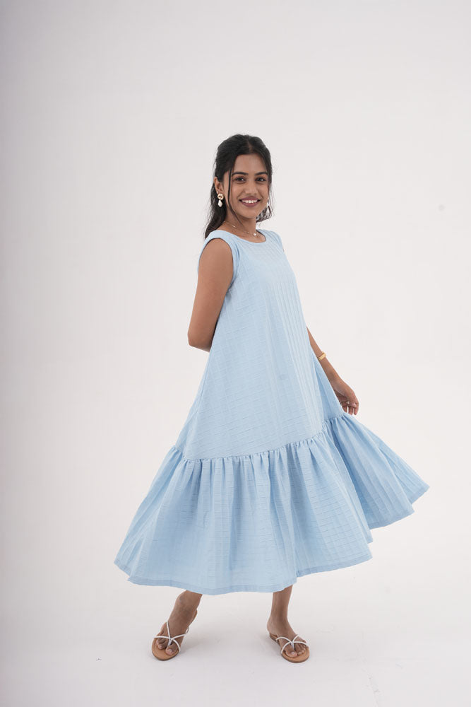 Sky Blue Grid Sleeveless Dress