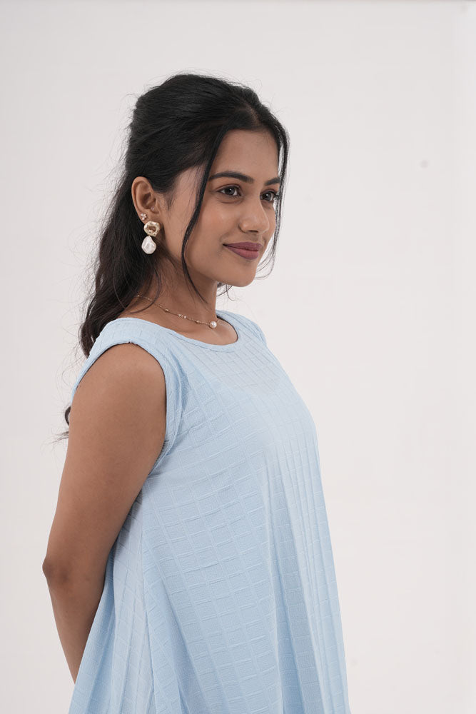 Sky Blue Grid Sleeveless Dress