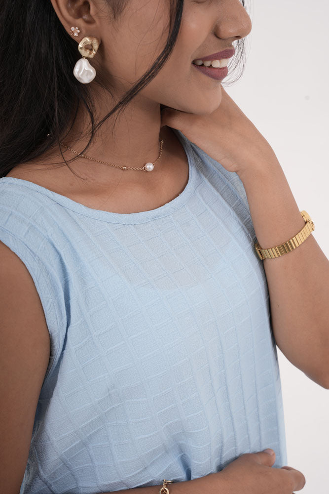 Sky Blue Grid Sleeveless Dress