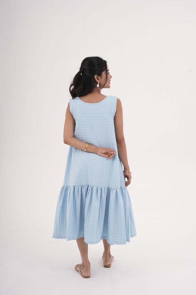 Sky Blue Grid Sleeveless Dress