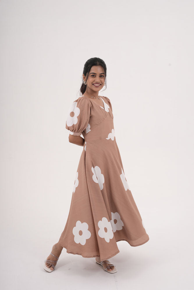 Brown With White Floral Dress