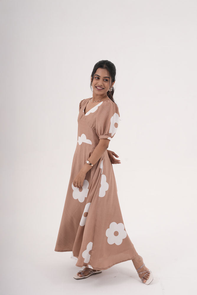 Brown With White Floral Dress
