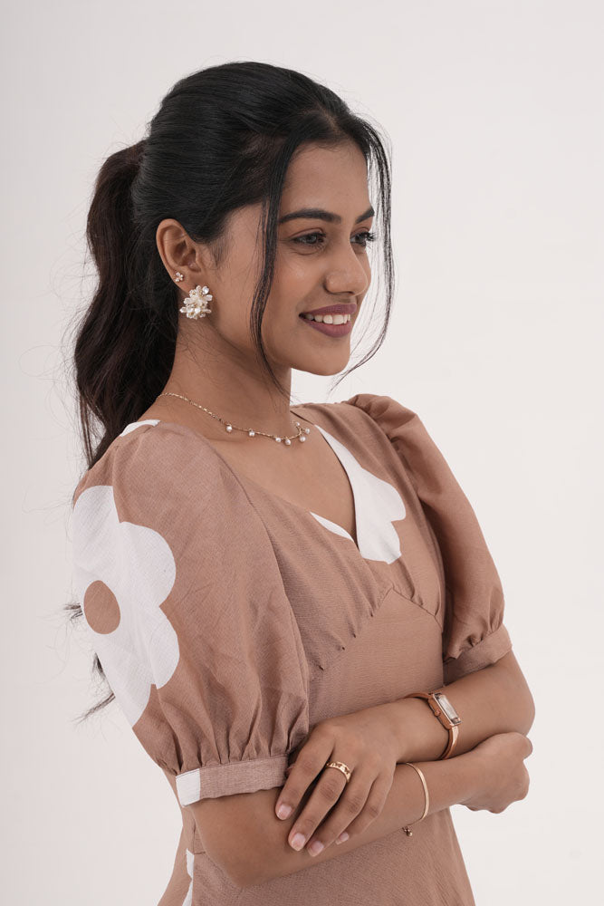 Brown With White Floral Dress