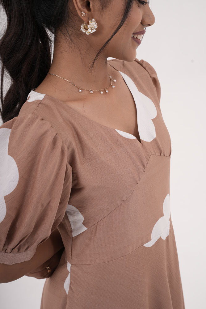Brown With White Floral Dress